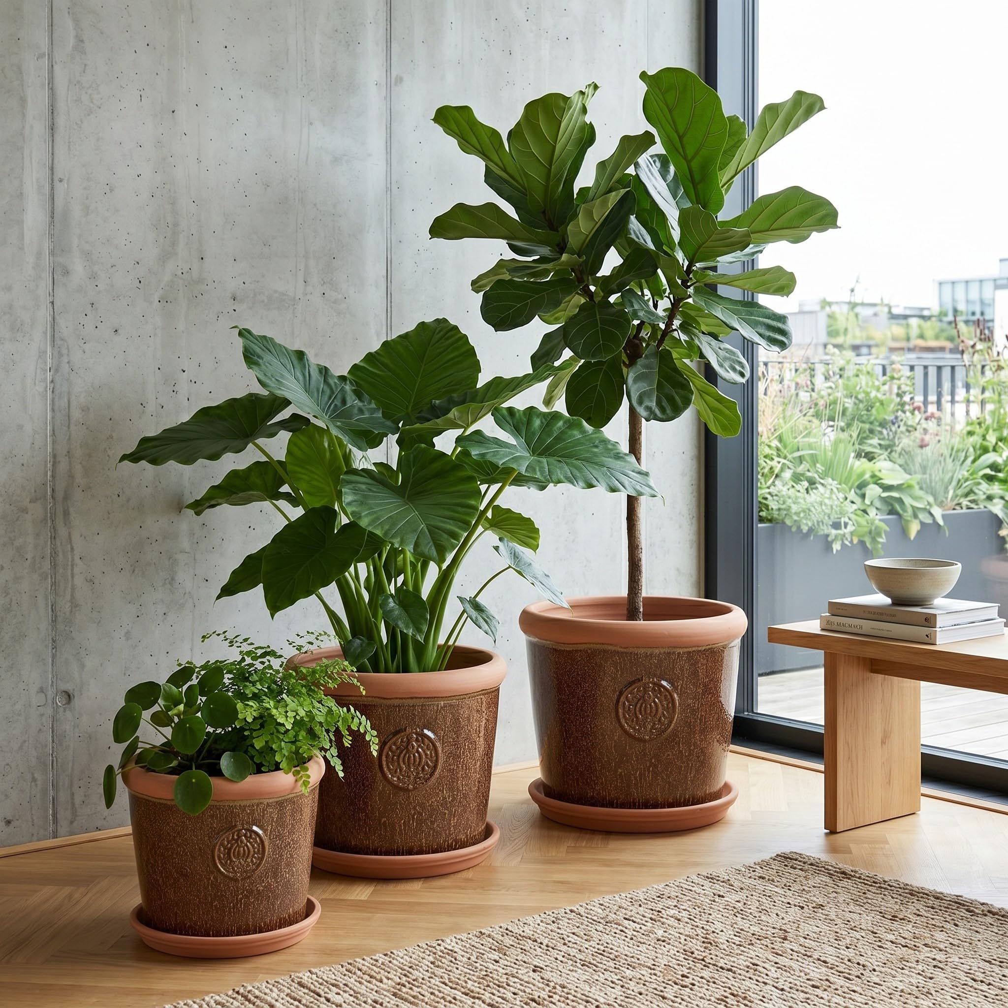 Teramico Pot de fleurs en céramique de qualité supérieure avec soucoupe (marron, 36 cm x 28 cm)