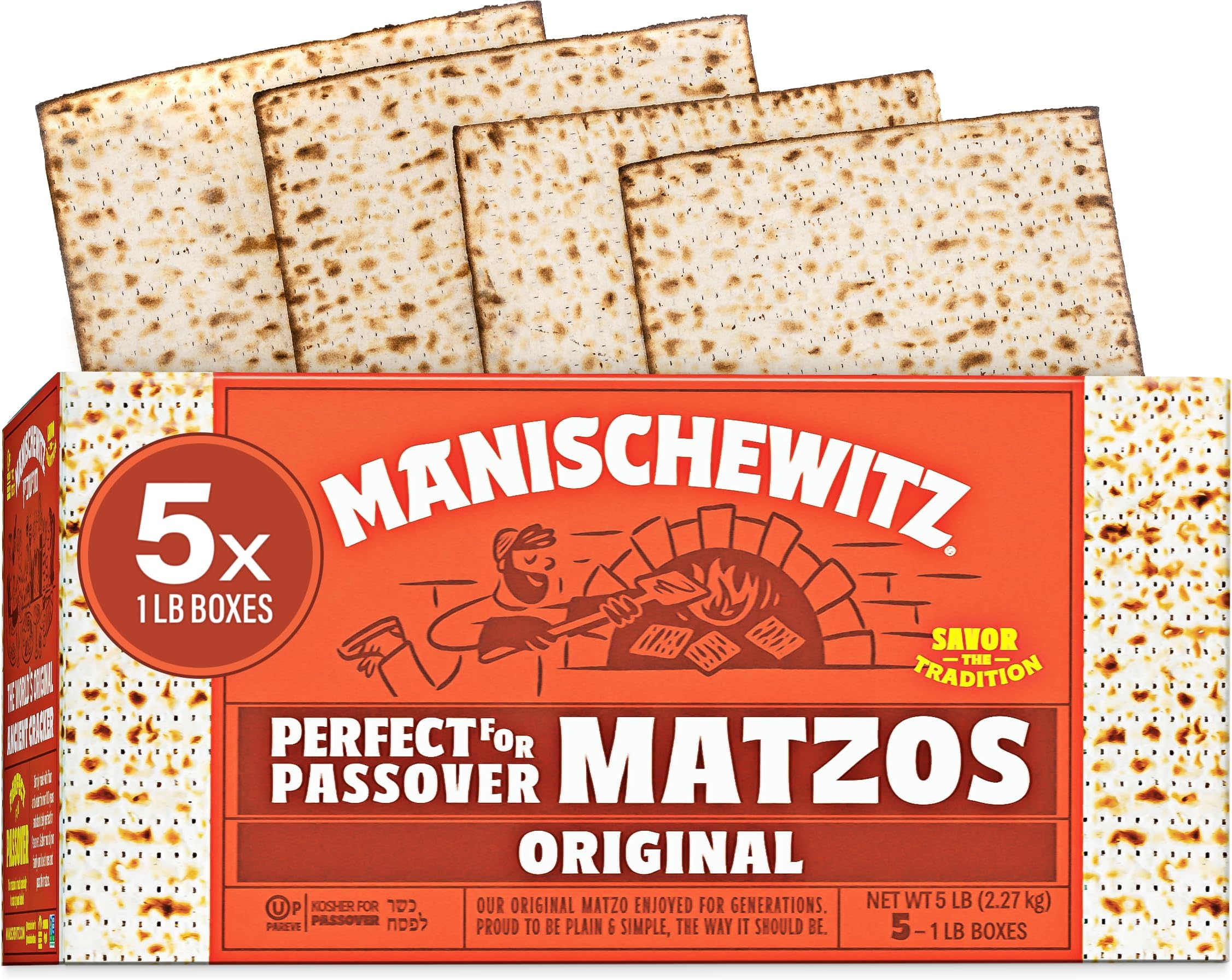Manischewitz Passover Matzo (5x454g Boxes) The Original Manischewitz Passover Matzah | Two Ingredients only - Flour and Water - 18 Min Matzo | Unsalted | Kosher for Passover and Year Round