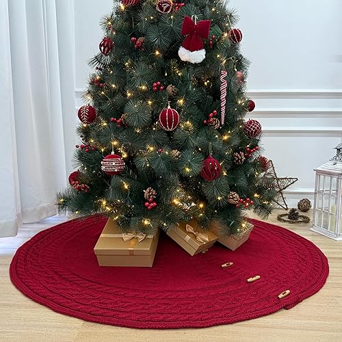 Miniatura 4 de Falda de árbol de Navidad de punto de 60 pulgadas redonda con botones de palanca de madera (rojo burdeos)