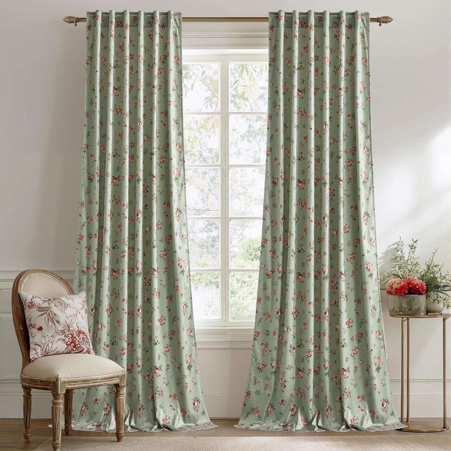 StangH Sage Green Floral Curtains for Living Room, Super Soft Rose Patterned Velvet Drapes with Privacy Vintage Cottage Window Treatments for Bedroom Home Office, W52 x L84, 2 Panels