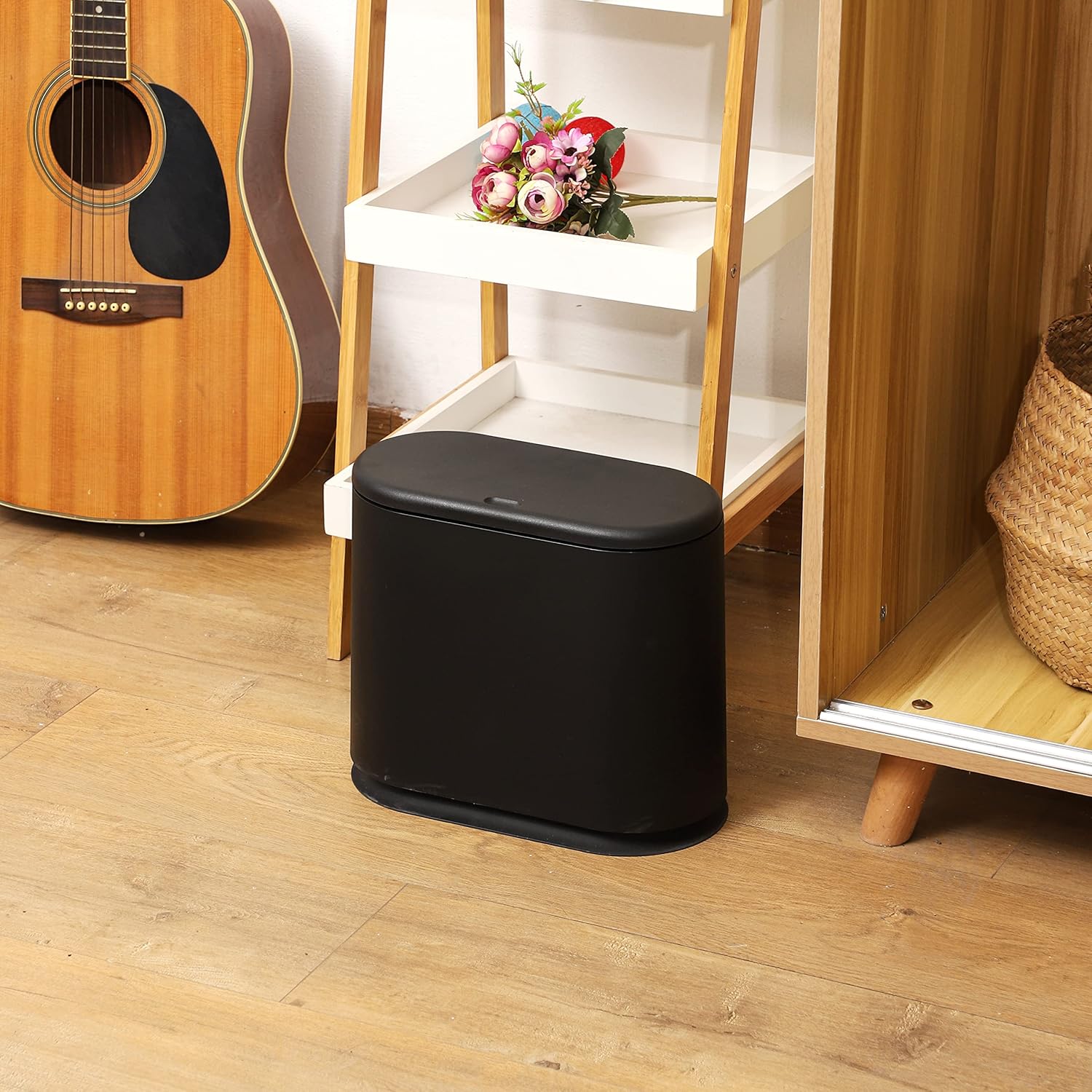 12L Black Slim Bathroom Trash Can with Press Top Lid,3.17 Gallon Pet/Dog Proof Kitchen Trash Can,Thin Garbage Can,Covered Wastebasket,Narrow Small Plastic Trashcan for Craft Room,Bedroom,Office,Dorm