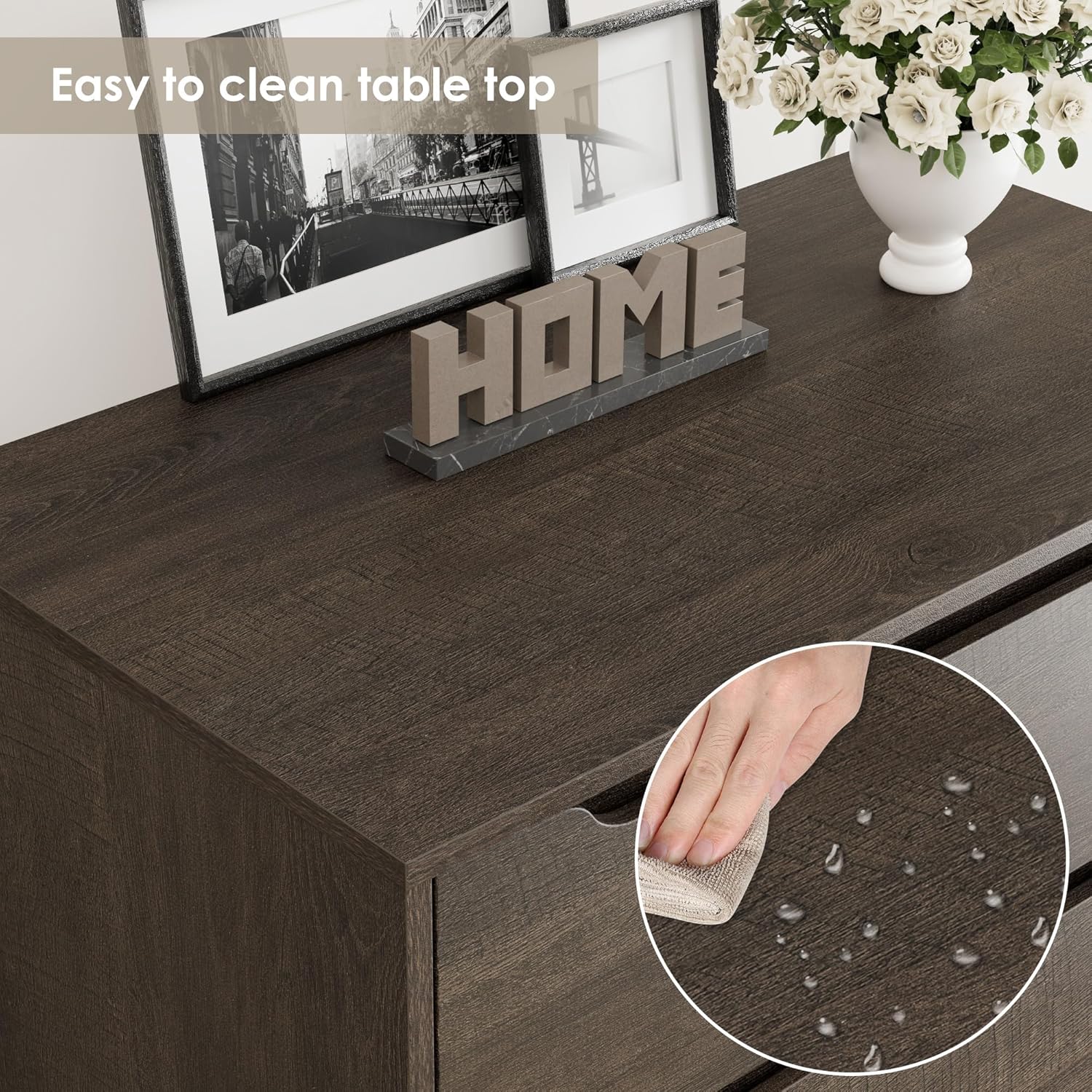 Dresser tabletop with water droplets, indicating easy cleaning