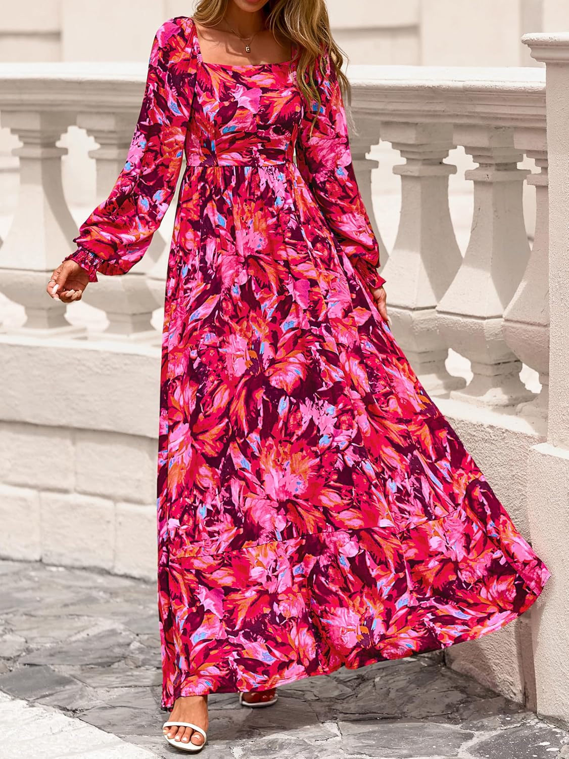 PRETTYGARDEN Women Floral Maxi Dresses 2026 Spring Long Sleeve Square Neck Boho A Line Wedding Guest Casual Flowy Long Dress - Image 2
