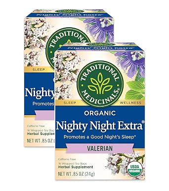 Traditional Medicinals Organic Nighty Night Extra with Valerian Herbal Tea, Promotes a Good Nights Sleep, Pack of 2 - 32 Tea Bags Total
