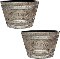 Classic Home & Garden Whiskey Barrel Resin Planters, Oak Brown 15-Inch, Pack of 2 - Durable Rustic Outdoor Flower Pots