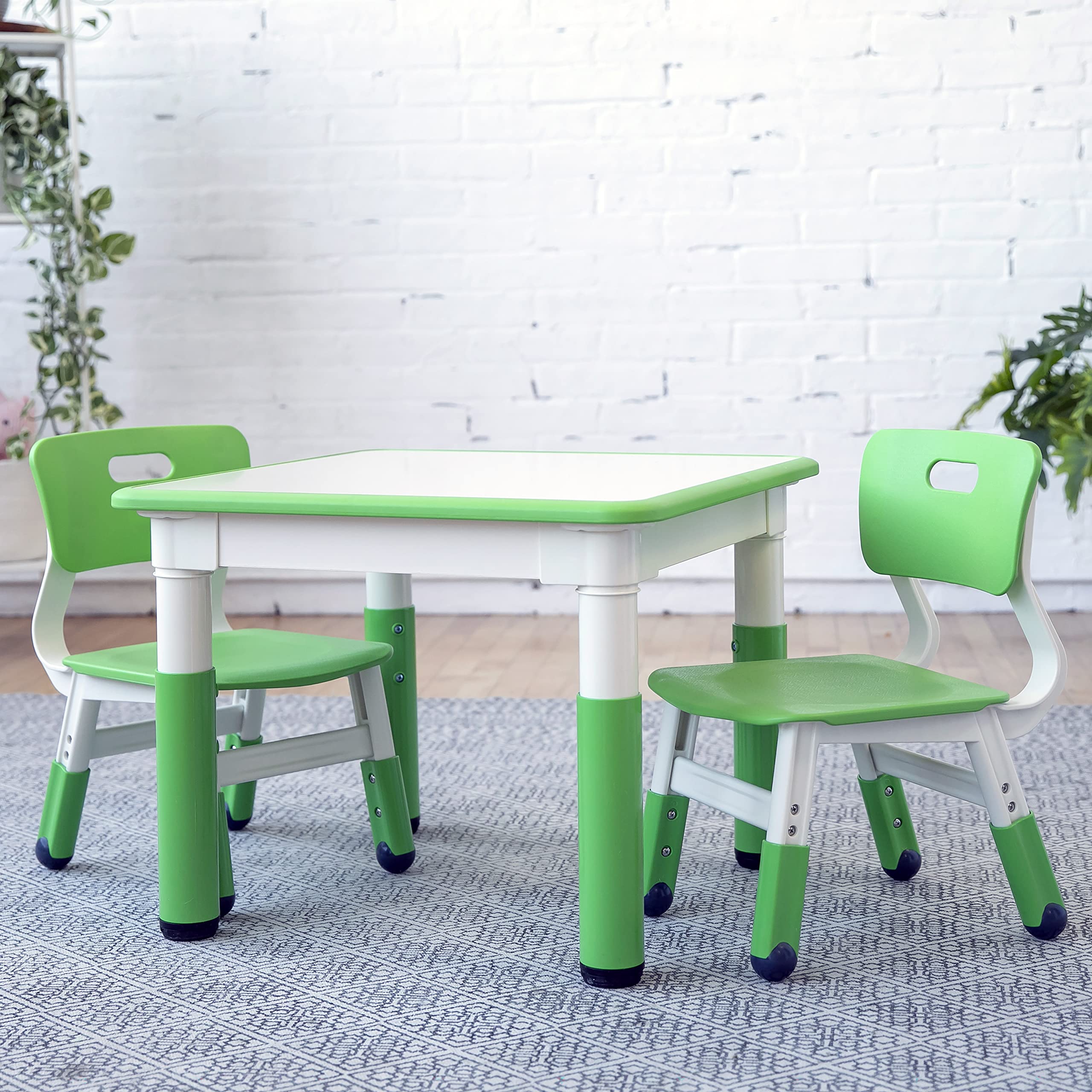 ECR4Kids Square Resin DryErase Activity 2 Table and Chairs, Grassy Green