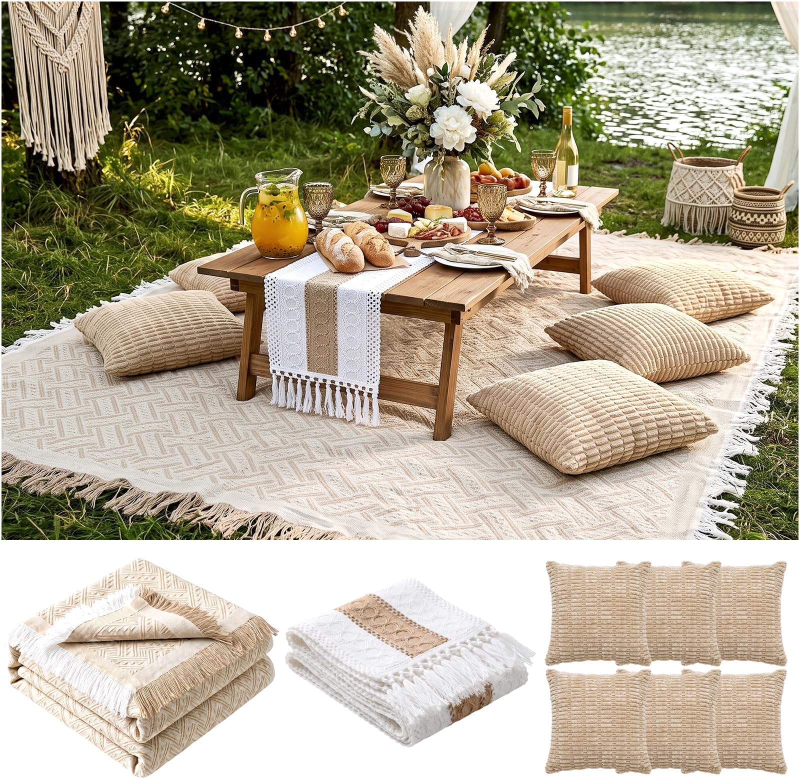 RYCHIC Extra Large Outdoor Rug Boho Picnic Blanket with Low Table Runner and 6 Throw Pillows Covers Set for Beach Essentials Beach Accessories Garden Party Decoration Patio Park Lawn Festival Mat XL