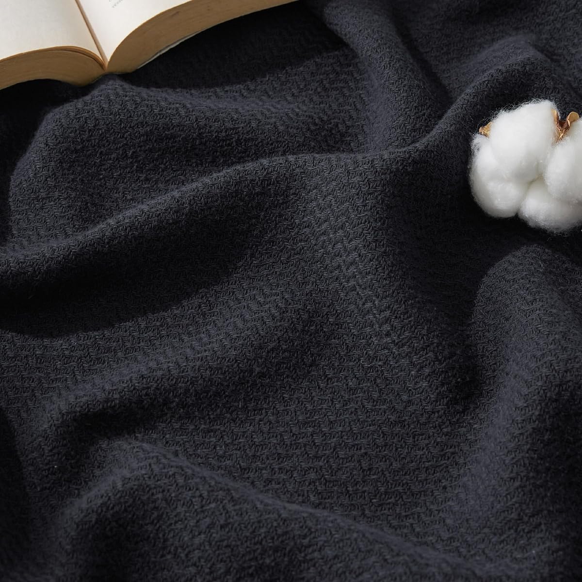 Bedsure GentleSoft 100% Cotton Blanket Queen Size for Bed - Cooling Breathable and Lightweight, Soft Cozy Textured Herringbone Woven Summer Blanket for Home Decor, Black, 90x90 inches