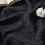 Bedsure GentleSoft 100% Cotton Blanket Queen Size for Bed - Breathable and Lightweight, Soft Cozy Textured Herringbone Woven Blanket for Summer, Black, 90x90 inches