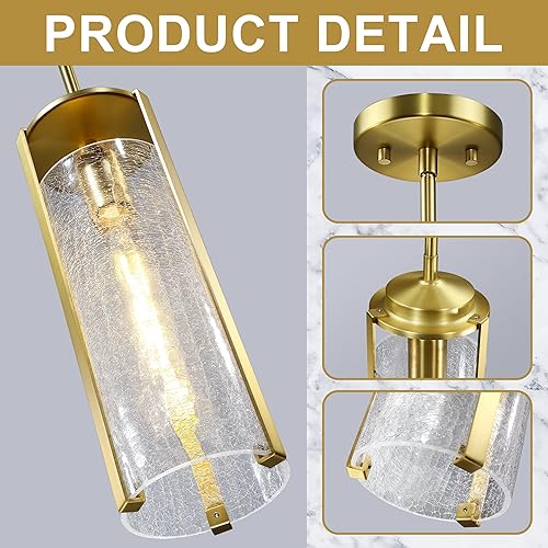 Miniatura 4 de Untrammelife Lámpara colgante moderna dorada, lámpara colgante de cristal agrietado de 14 pulgadas de alto, 1 lámpara de techo de latón cepillado