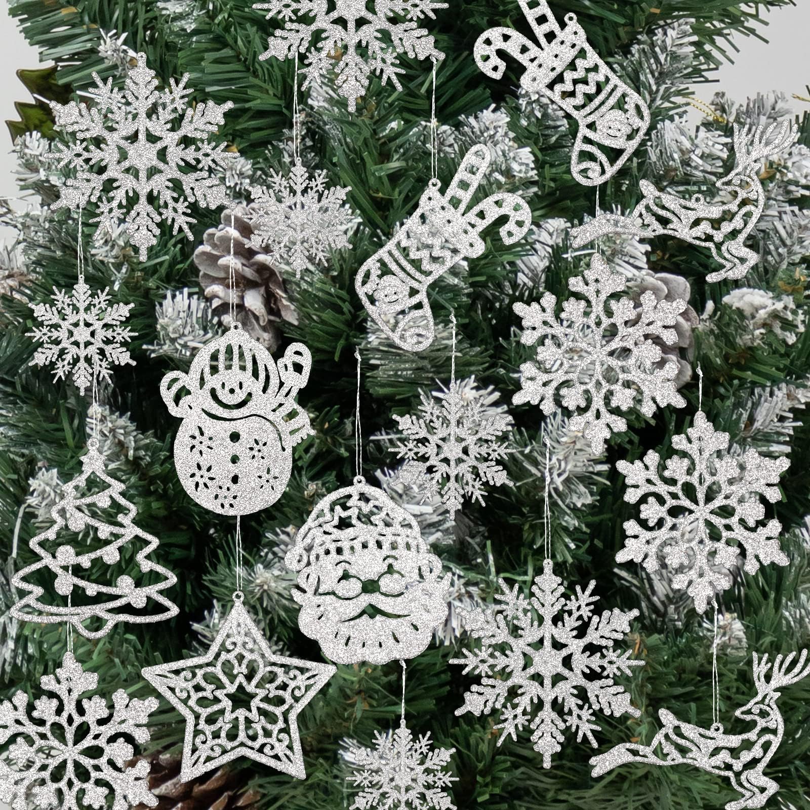 Christmas Tree Decorations, Snowflake Christmas Tree Pendant Hanging Ornaments, Reusable Christmas Display Pack of 40 (silver)
