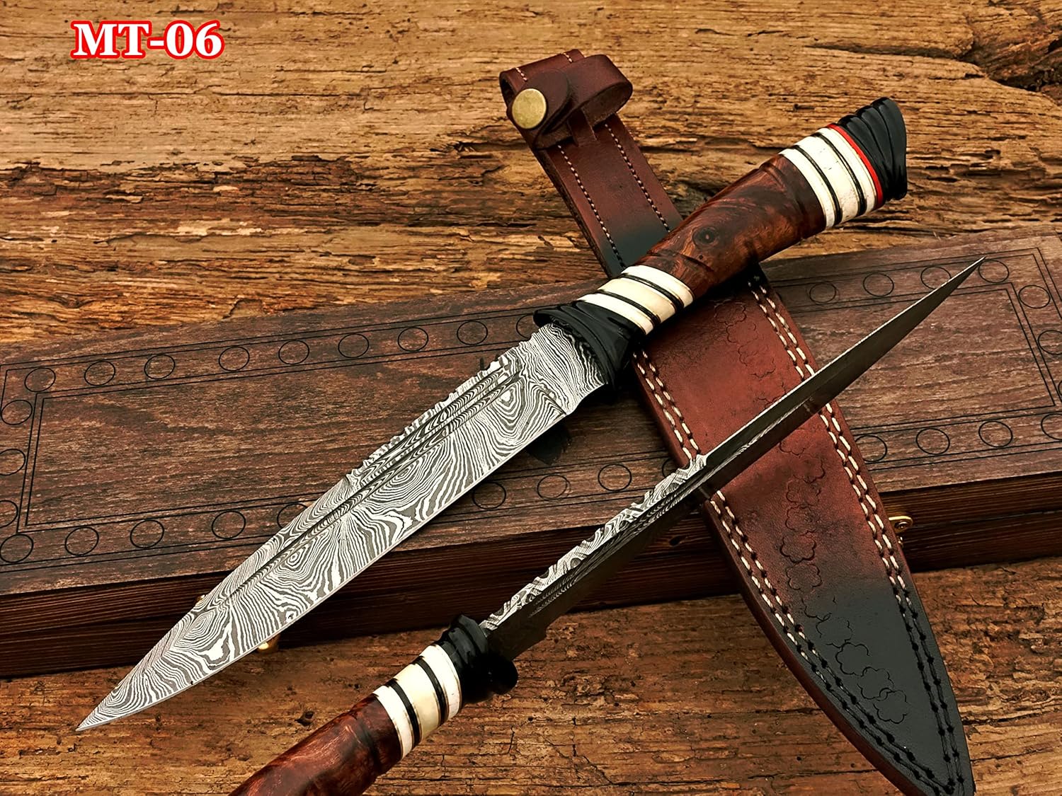 Handmade Twist Damascus Steel Blade, Burl Olivewood Handle, 330 mm Long Roundscale Hunting Specialty Knife with Genuine Leather Sheath