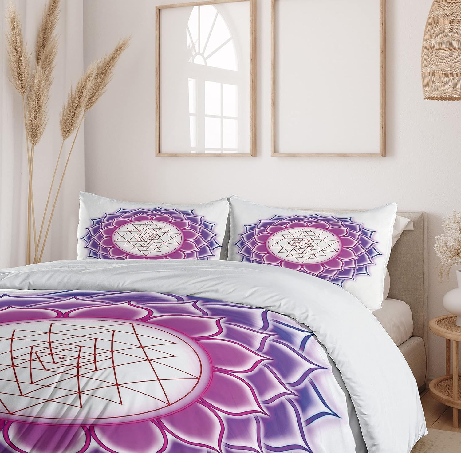 Ambesonne Lotus Duvet Cover Set, Geometry Yantra Mandala Triangle Yoga Illustration, Decorative 3 Piece Bedding Set with 2 Pillow Shams, King Size, Fuchsia Purple King Fuchsia Purple