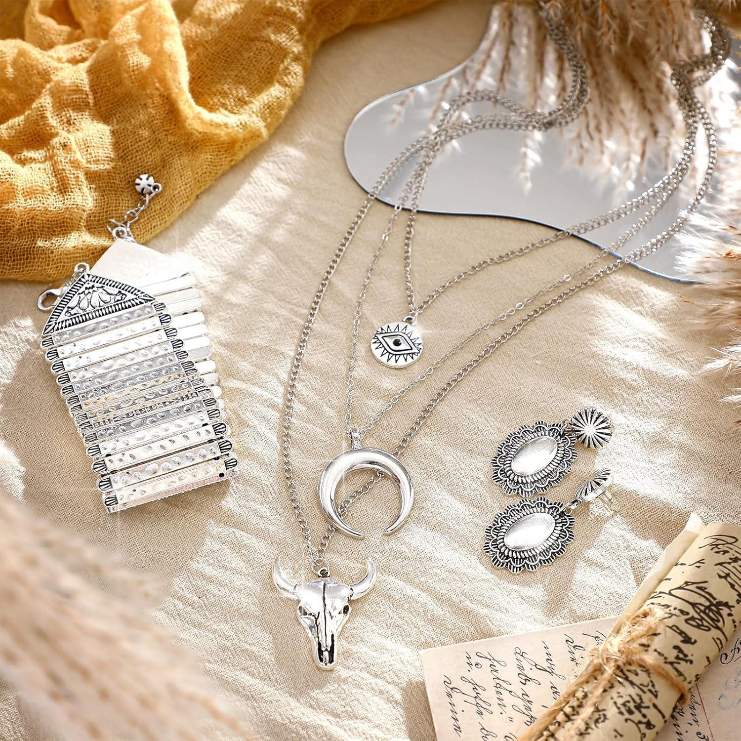 Inbagi 3 Pcs Boho Western Jewelry for Women Layered Necklace Cowboy Cowgirls Western Women's Necklace Silver Bracelet and Dangle Earrings - Image 4