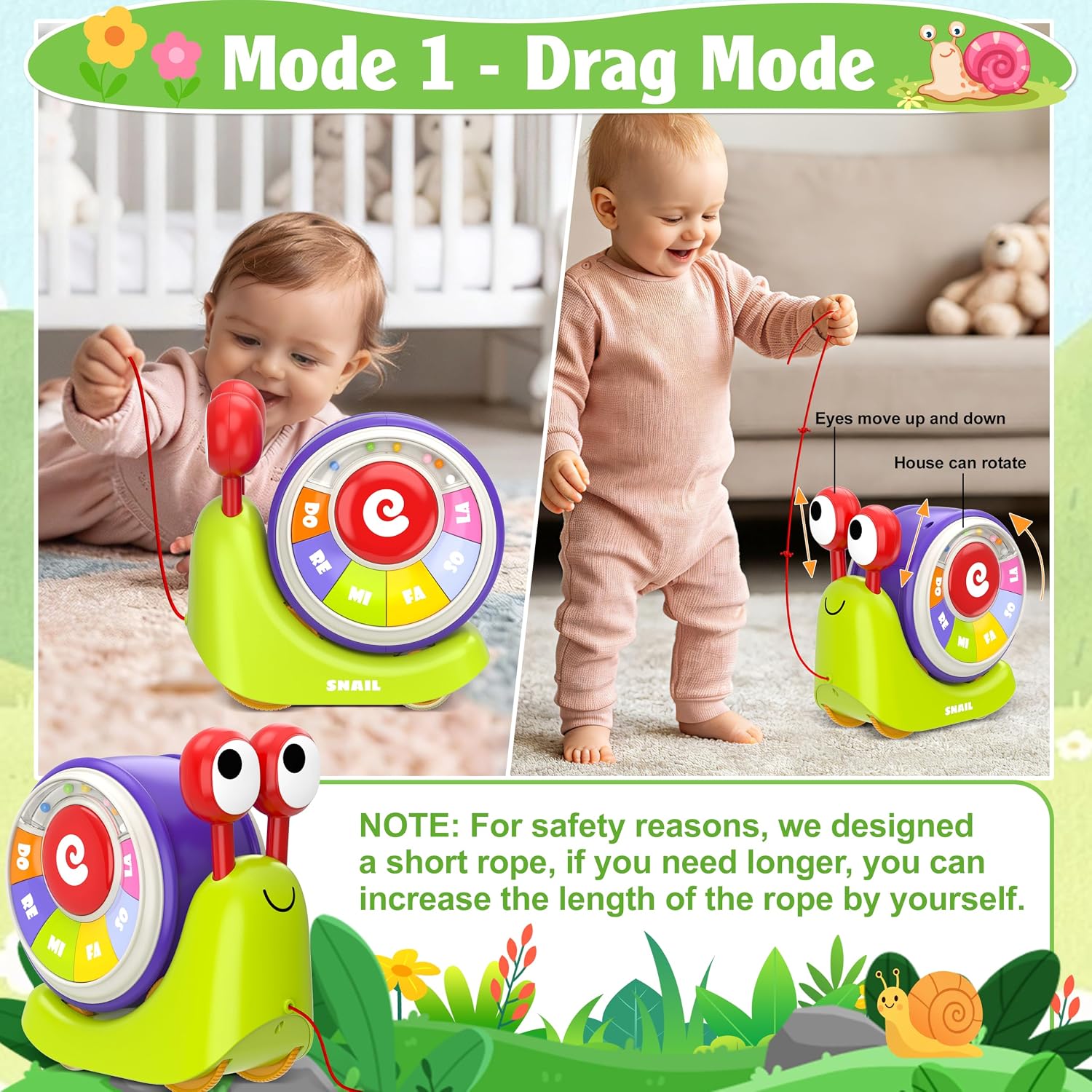 3 in 1 Pull Along Snail Toddler Toys, Baby Piano and Light Up Toddler Drum Set Early Learning Toys Toddler Gifts for Boys Girls, Baby Toys Musical Toys for Toddlers 1-3