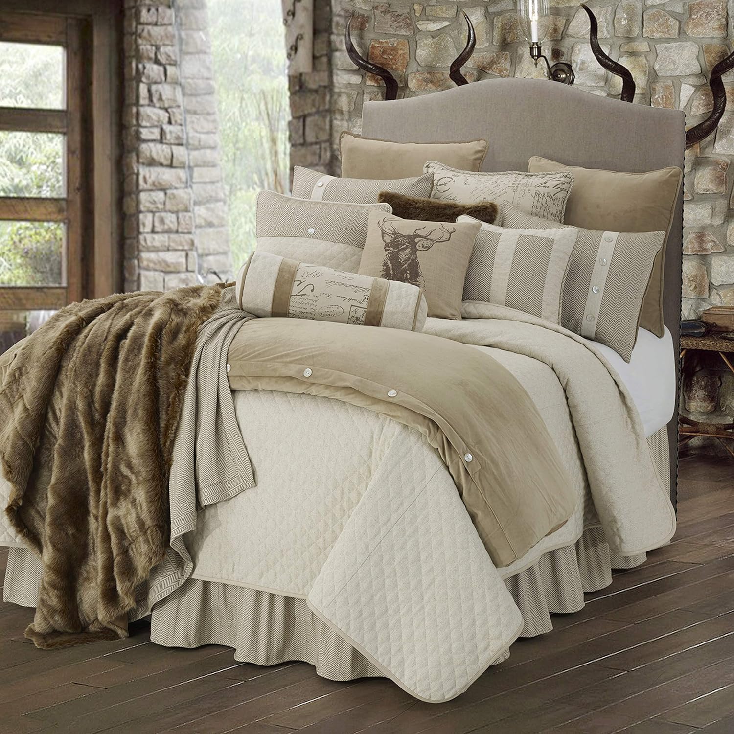 HiEnd Accents Fairfield Linen 4 Piece Coverlet Set, King Size, Herringbone Diamond Quilted Luxury Bedding Set, Traditional Rustic Style, 1 Coverlet, 1 Bedskirt, 2 Pillowcases