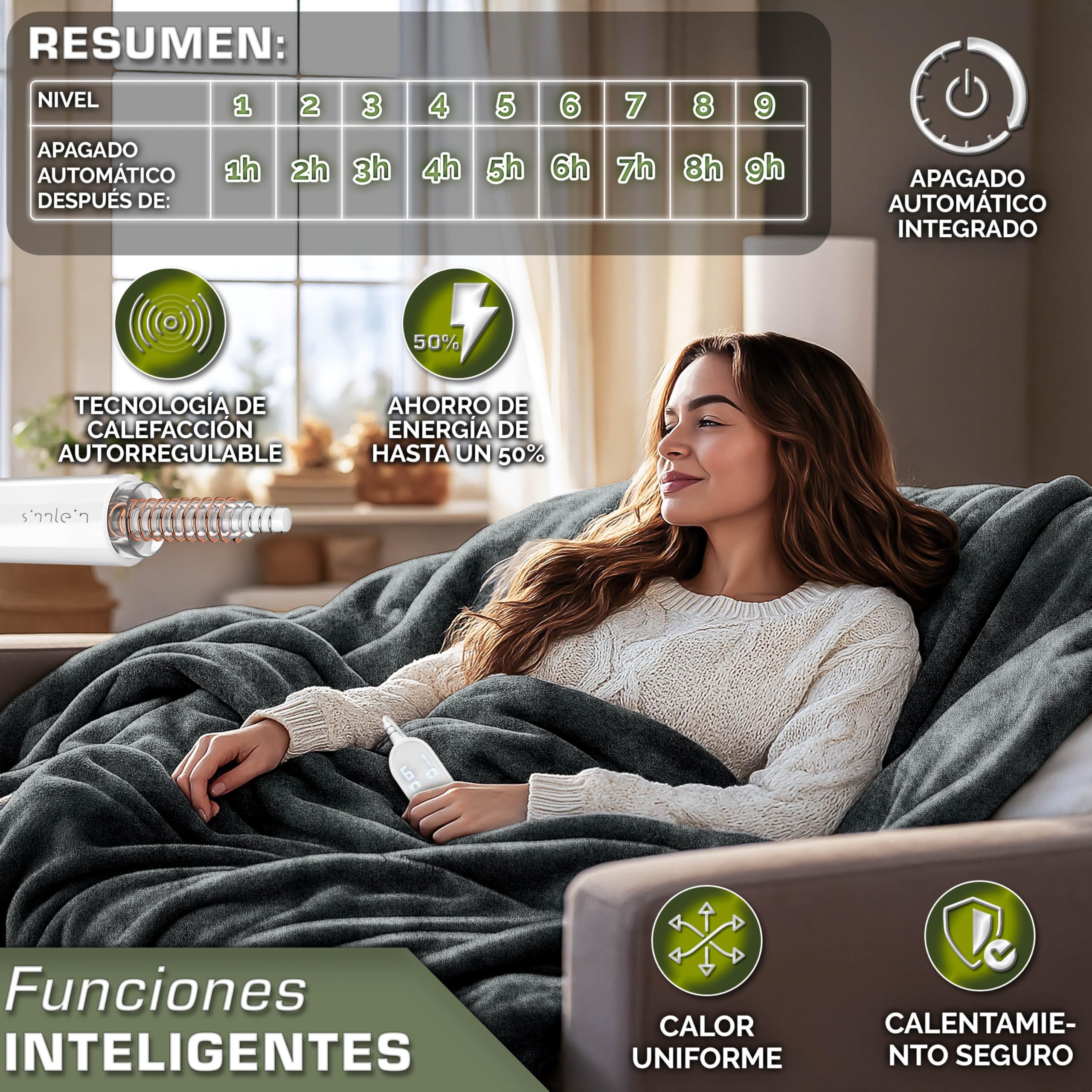 sinnlein® Calienta Camas | Manta Eléctrica 200 x 180 cm Gris | con Desconexión Automática y Temporizador | 9 Niveles de Temperatura | Pantalla Digital | Lavabale hasta 40°C