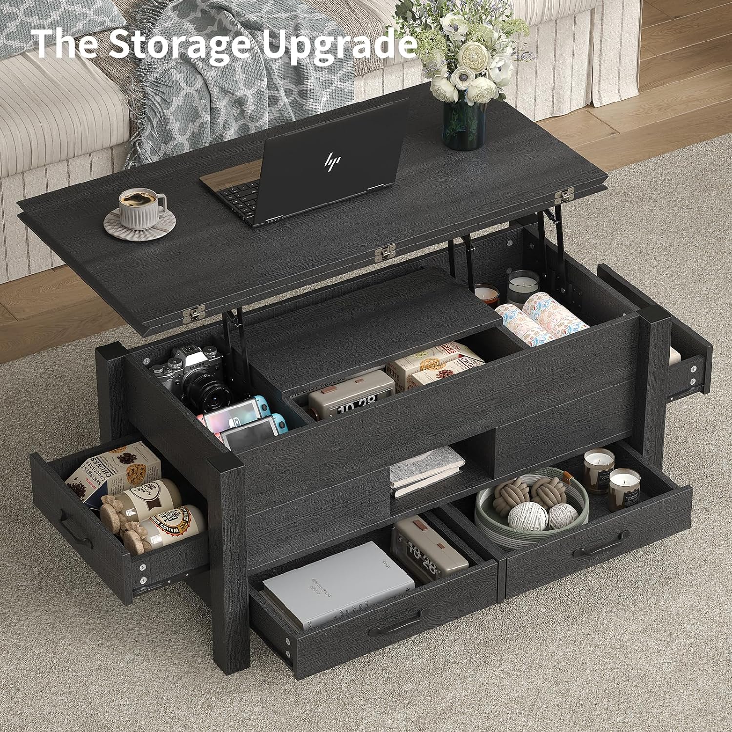 Lift Top Coffee Table, 39.4" Multi-Function Convertible Coffee Table with 4 Storage Drawers & Hidden Compartment, Wood Center Table for Living Room, Dining Room, Home Office, Black