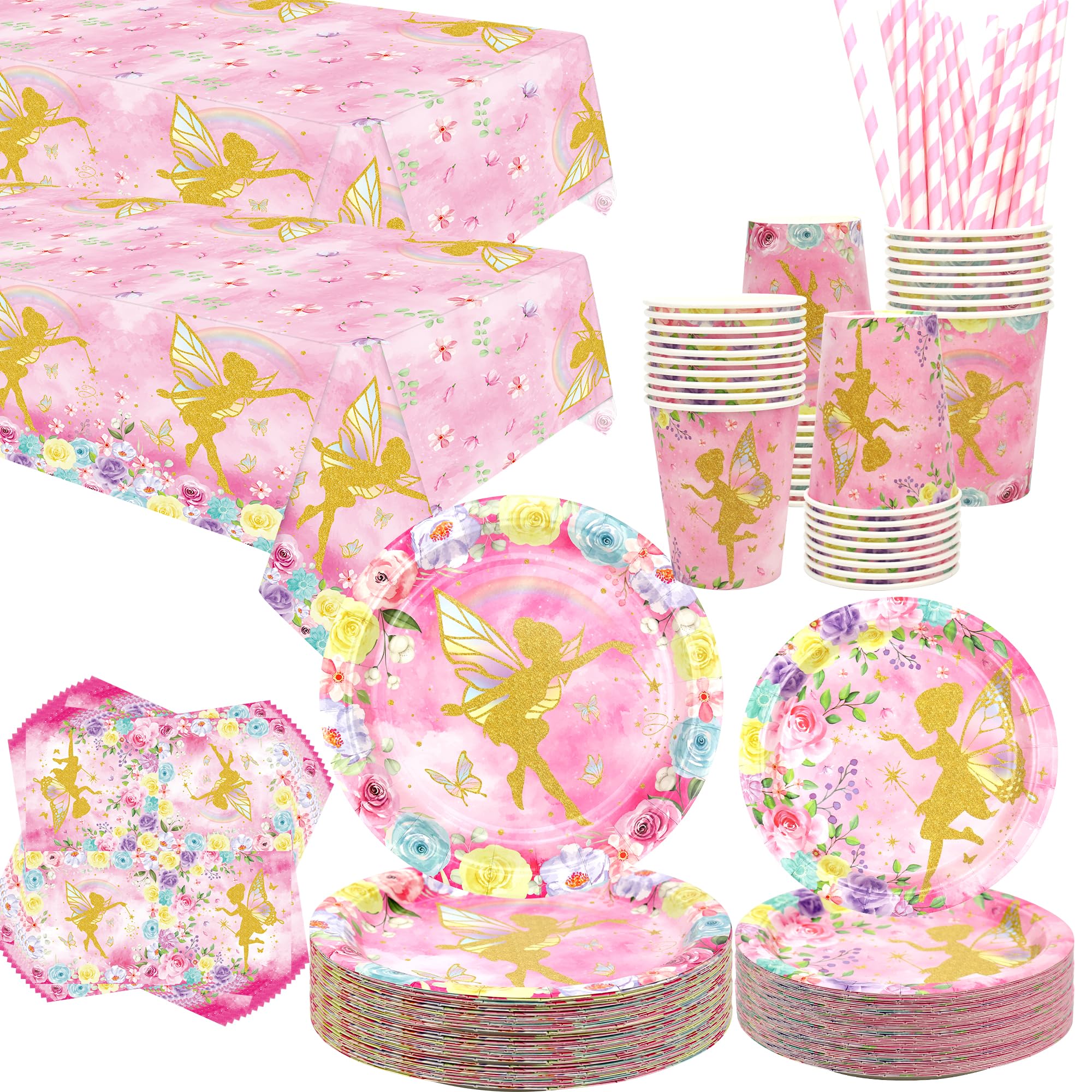 Fairy Party Supplies - Fairy Party Tableware - Dinner Plates Desserts Plates Cups Napkins Tablecover Straws for Pink Fairy Flower Girls Princess