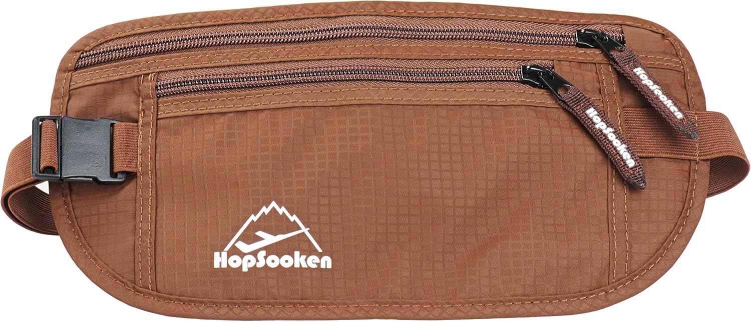 HOPSOOKEN Travel Money Belt: Waist Pack for Running and Cycling, RFID, Comfortable, Durable and Lightweight Hidden Travel Passport Wallets.(Brown)