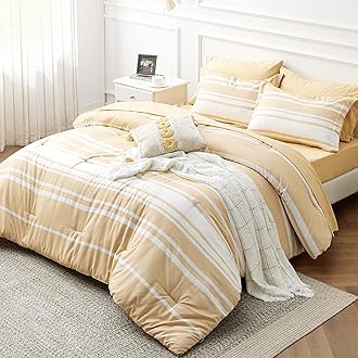 Bedsure Bed in a Bag California King Size 7-Piece Yellow White Striped Bedding Comforter Sets All Season Bed Set, 2 Pillow Shams, Flat Sheet, Fitted Sheet and 2 Pillowcases
