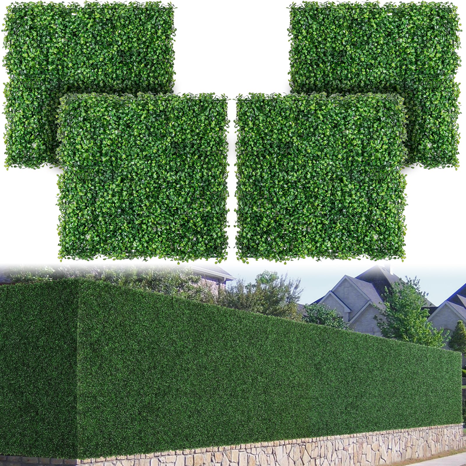 LUWENER Lot de 4 Panneaux Muraux en Buis Artificiel 1m x 1m, Feuilles Artificielles pour Clôture, Brise-vue (4, Feuilles Vertes de Milan)