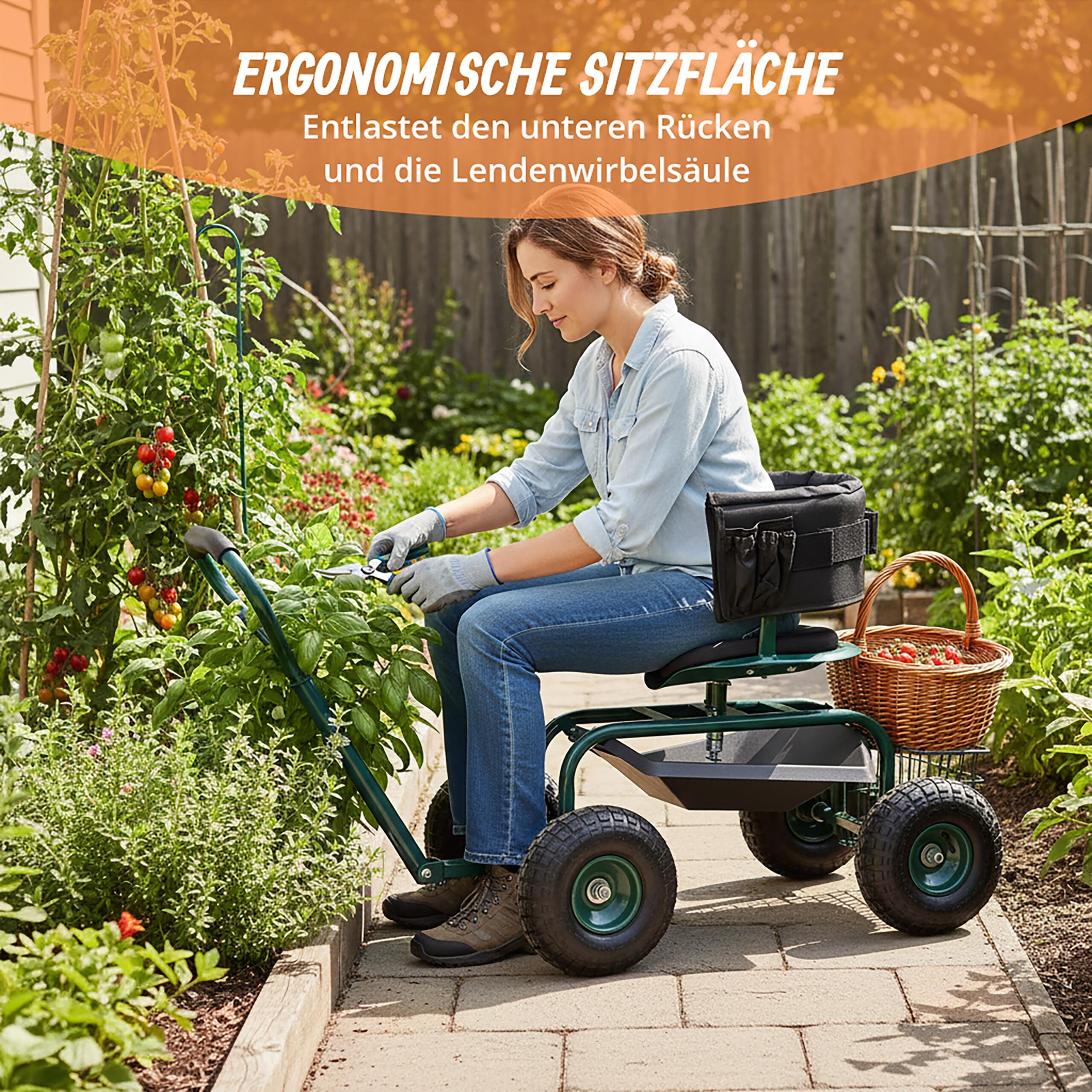 Relaxdays fahrbarer Gartensitz, höhenverstellbar, 150 kg, Stauraum, Lenkstange, Sitzkissen, Lehne, Gartenwagen, grün
