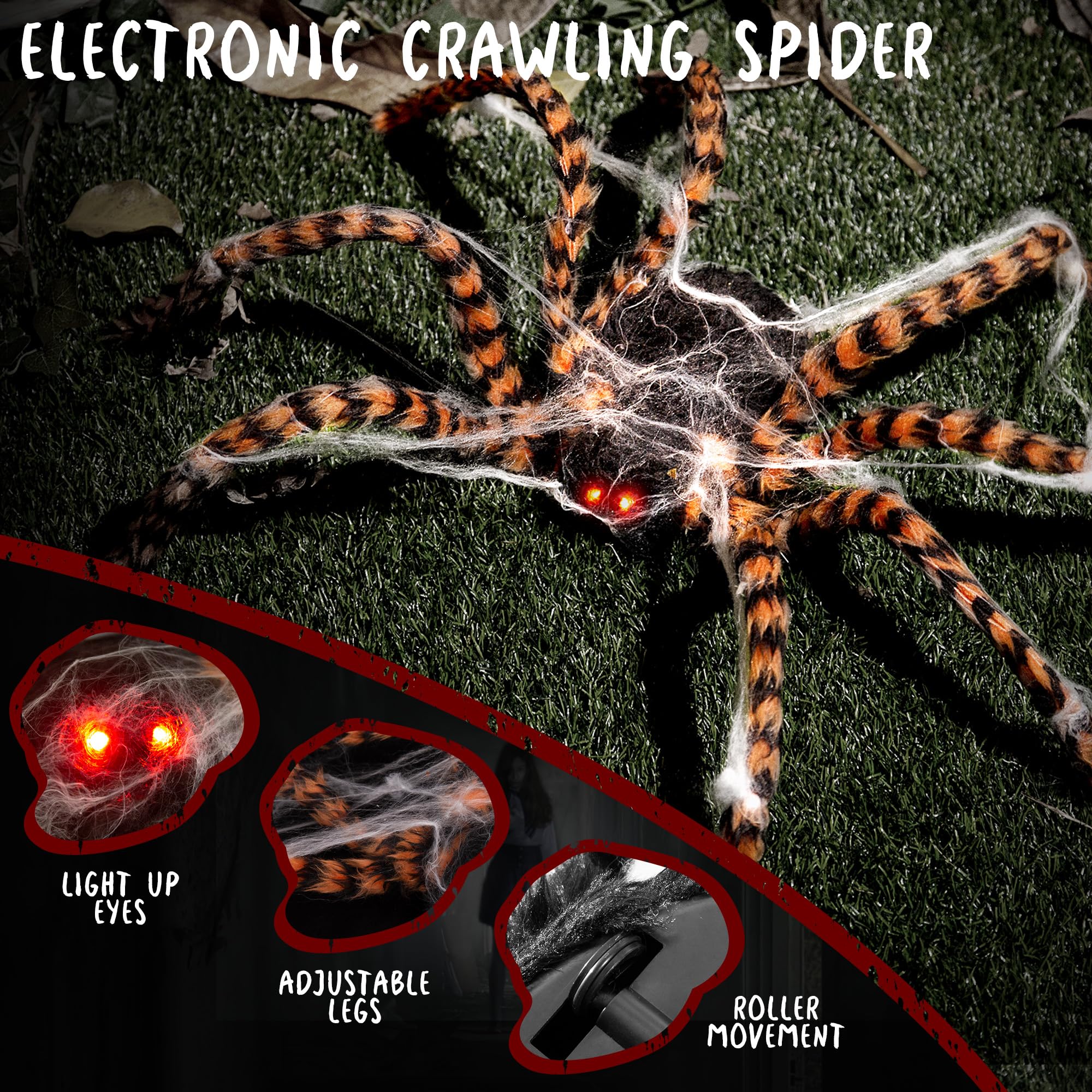 Halloween Animatronics Araignée rampante de 122 cm – Décorations animées avec son et capteur activé par son effrayant, mouvement, yeux lumineux, décoration effrayante hantée pour intérieur et