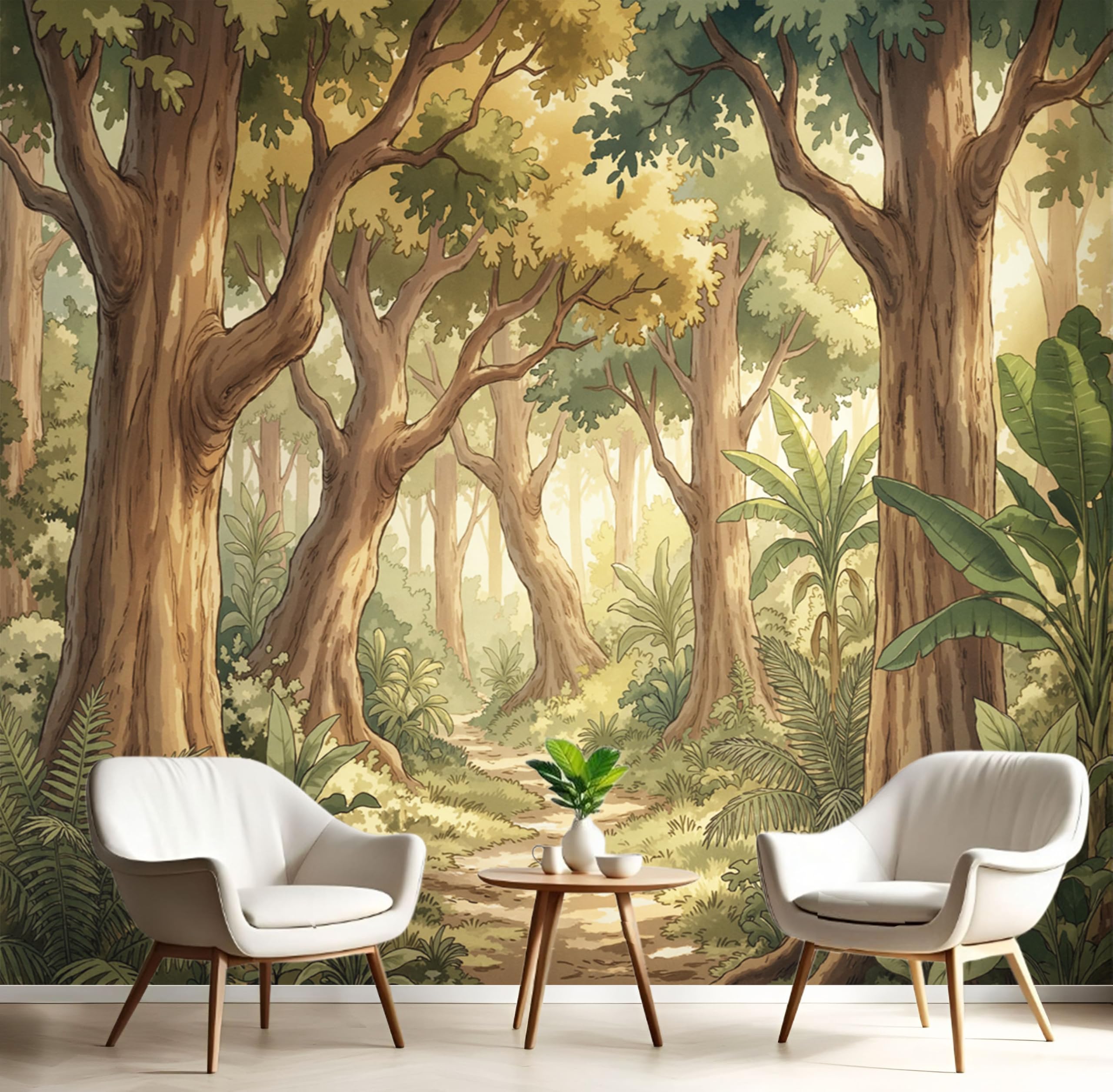 Papier peint panoramique forêt ensoleillée grand format brun verdâtre
