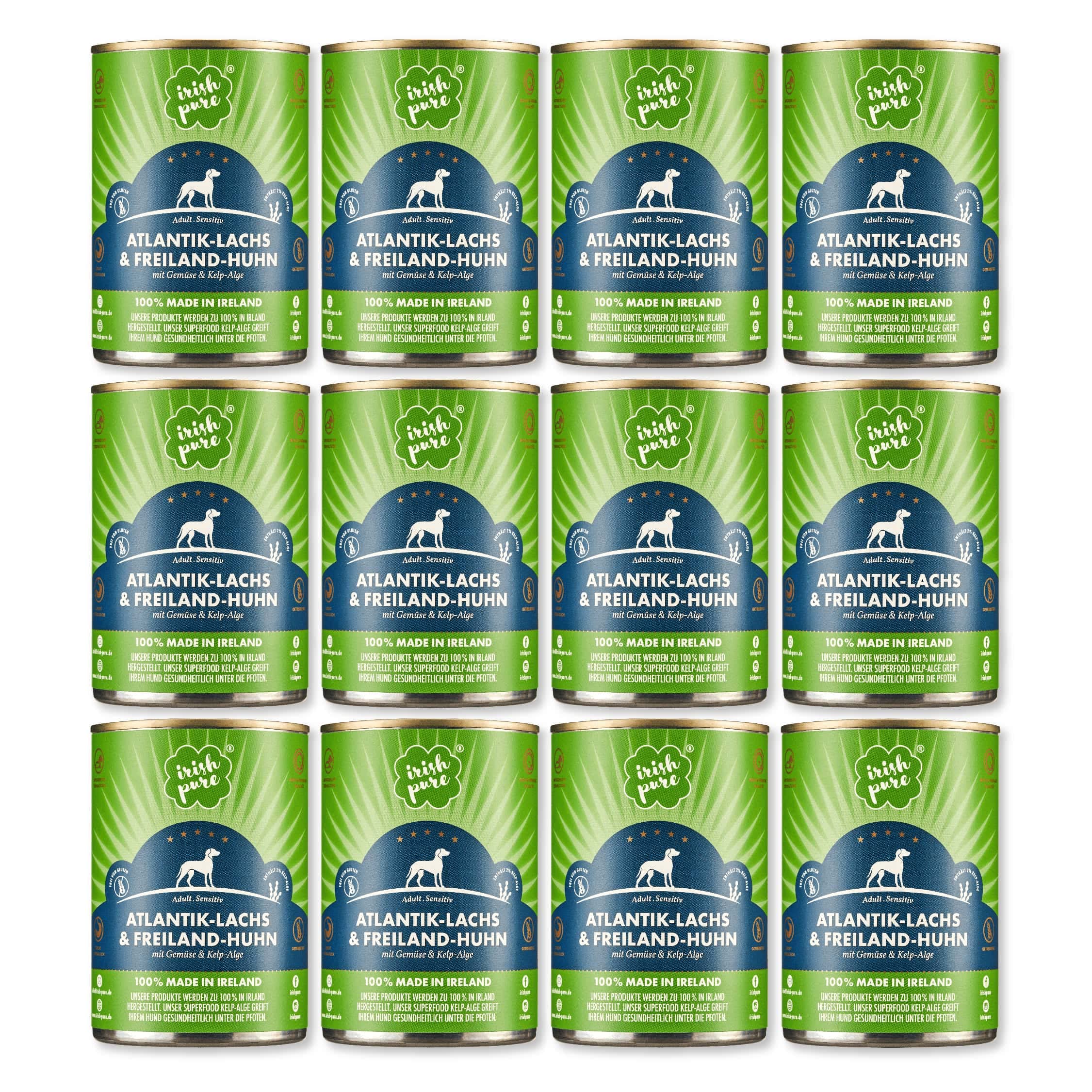 Irish Pure Comida húmeda Premium para Perros, 12 x 390 g, salmón Atlántico, vitaminas, sin Cereales, Sensible, con superalimento Algas Kelp, Comida húmeda para Todas Las Razas