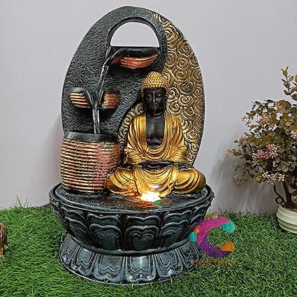 Craftisan Decorative Water Fountain for Home D cor, Office, Indoor & Outdoor, Garden, Puja Room, Vaastu, Reception, Spa, Gifting. (3 Step Diya Buddha)