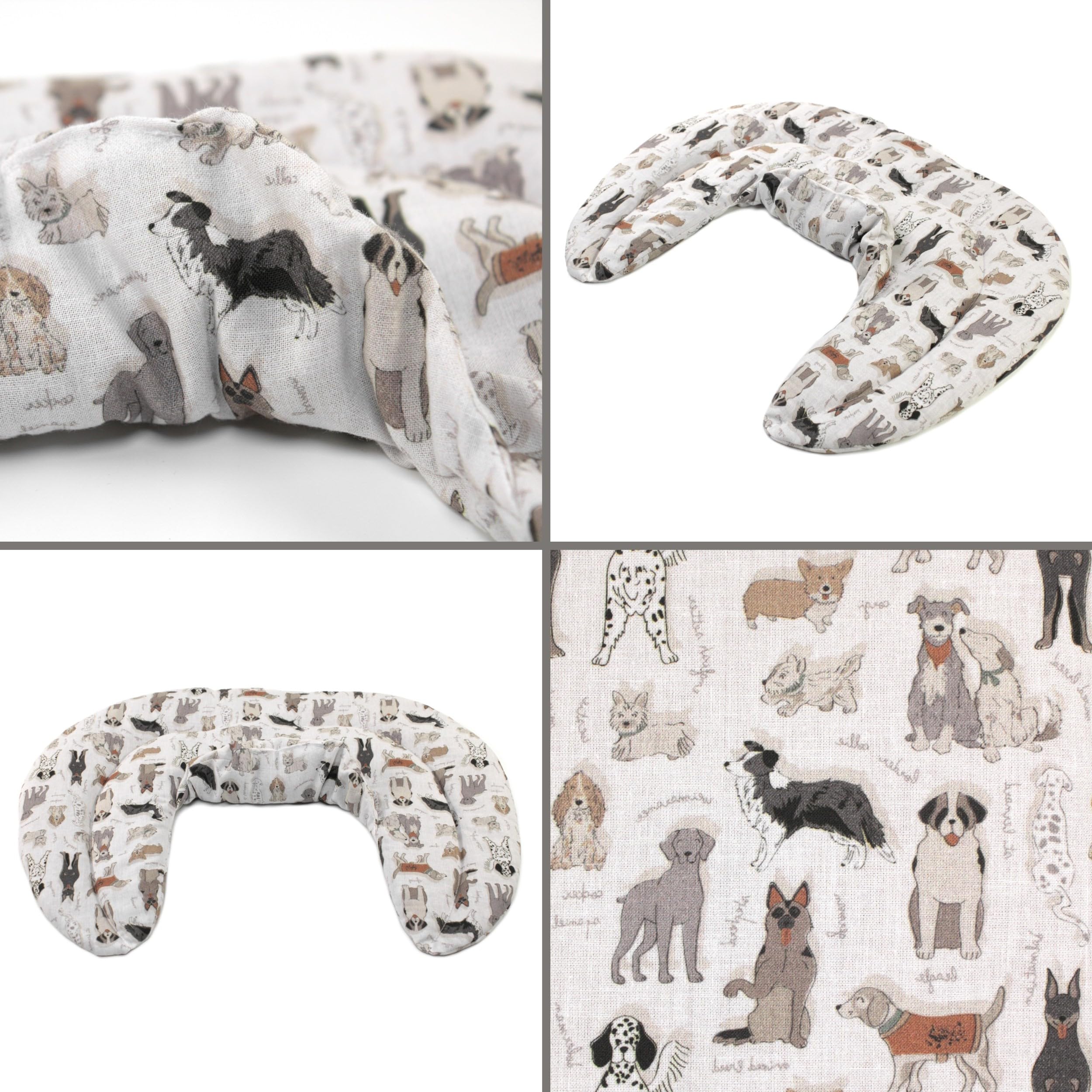 Coussin de nuque avec col montant - Tissu bio "chiens vintage" - Coussin aux grains de blé et seigle bio - Confortable coussin thermique 2 en 1 pour la nuque Chaud/Froid