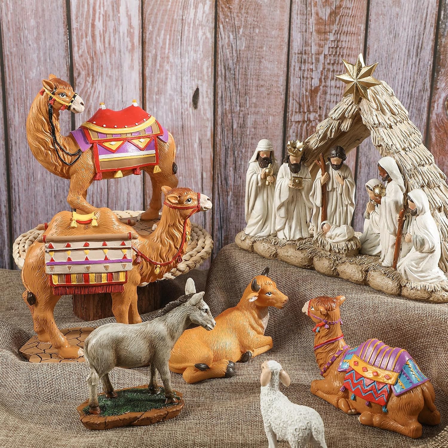 Barydat 5 Pieces Christmas Nativity Set 7 Inch Scale Resin Village Animals Set 3 Camel, 1 Cow, 1 Donkey Nativity Scene Figurines, Handmade Indoor Christmas Decorations