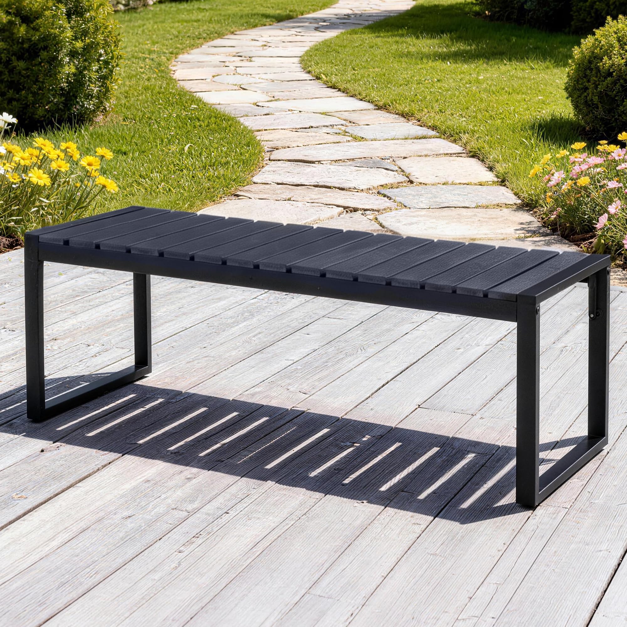 Mingone 2 Sitzer Gartenbank Wetterfest, Gartenbank Holz & Metall, Balkon Bank für Garten Balkon & Flur(Sitzbank 200 kg, 120 cm, Schwarz)