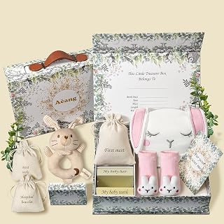 Baby Shower Gifts for Mom, Newborn Baby Gift Set for Baby Girl Baby Boy - Keepsake Box with Baby Hat, Rattle Socks, Sensory Development Rattle (Bunny)