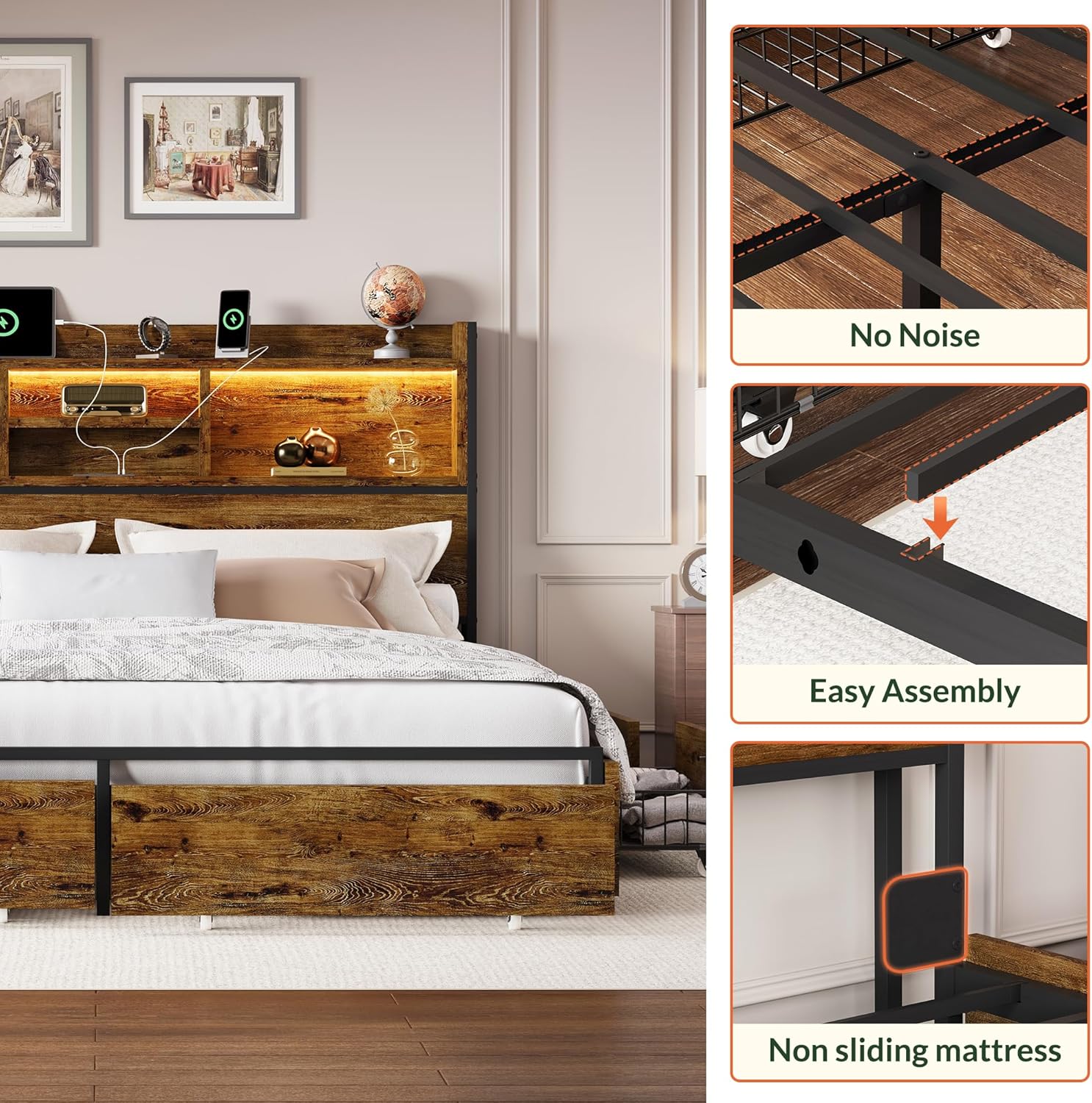 Diagram showing various components of the bed frame including the headboard, side rails, support legs, and storage drawers.