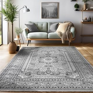 SIMPEX Orient Teppich 80x150 cm Grau, Kurzflor & Pflegeleicht, Klassisches Muster, Flurteppich Vintage Stil für Schlafzimmer oder Gästezimmer