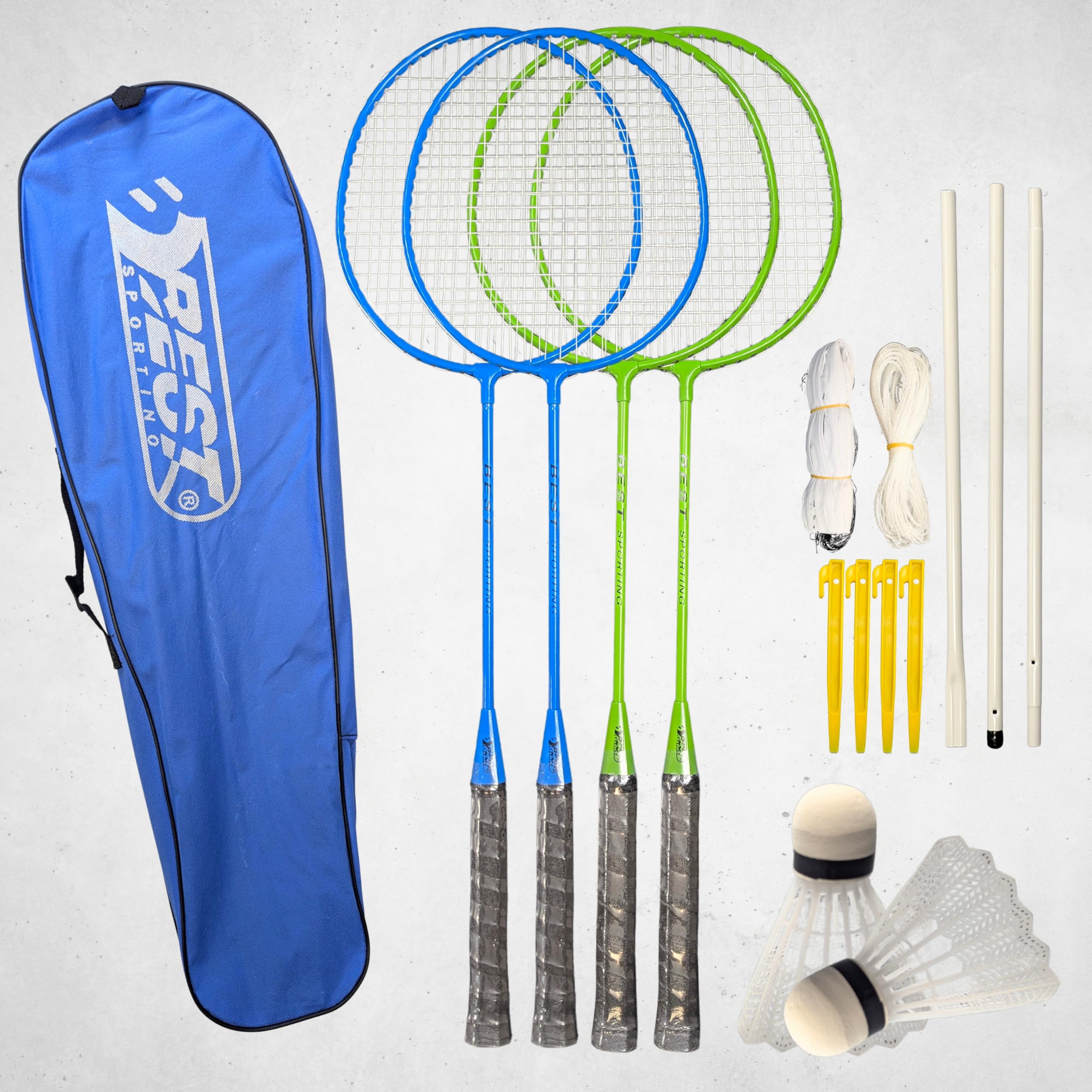 BEST SPORTING Federball Set Erwachsene und Kinder I Badminton Set bestehend aus Netz, 4 Schlägern, 2 Badmintonbällen und Tasche I Federball Set Kinder I Badminton Netz und Schläger für den Garten