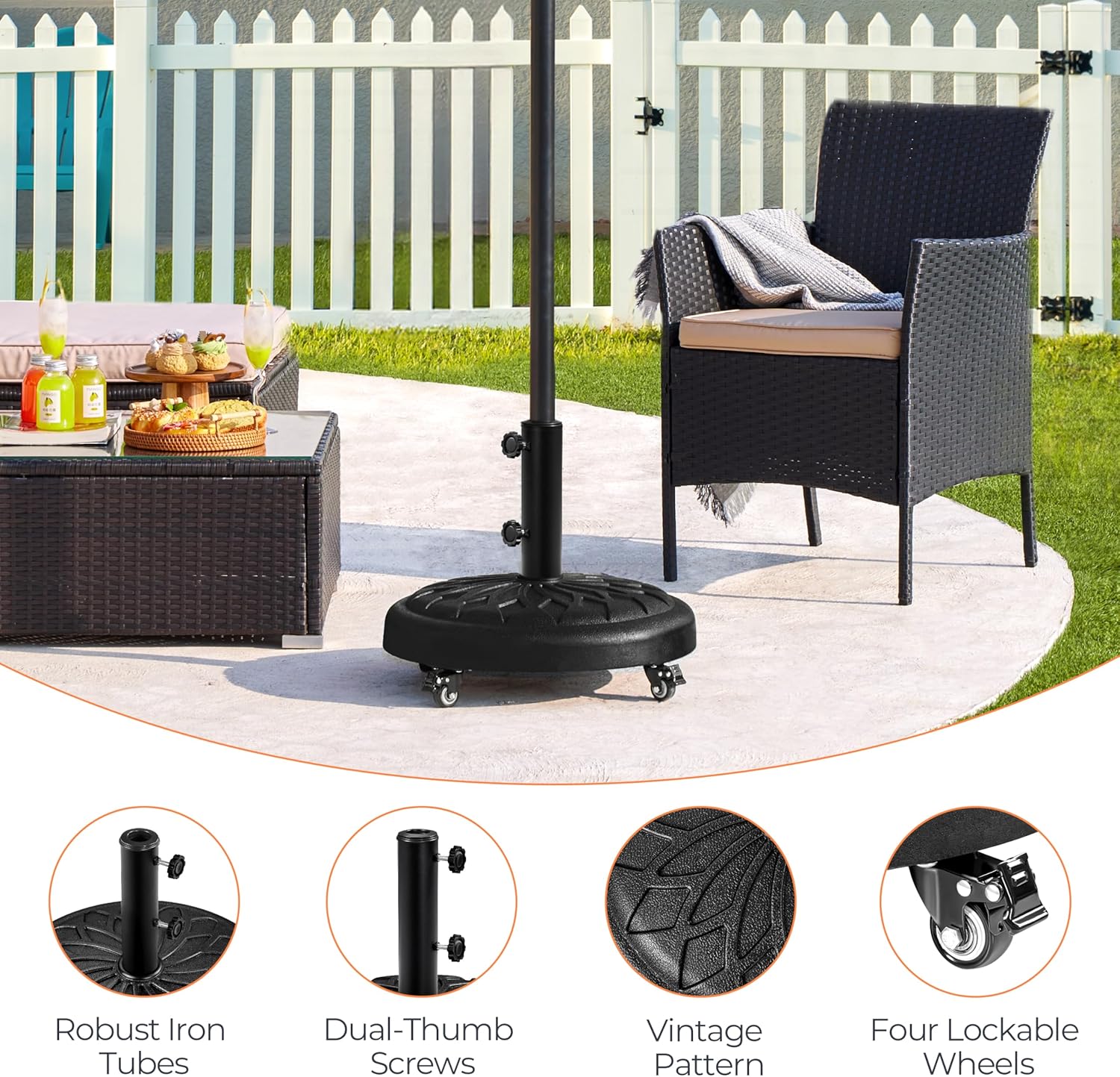 Yaheetech 45lbs Heavy Duty Round Umbrella Base with 4 Lockable Rolling Wheels & 2 knobs, Outdoor Antiqued Umbrella Stand, 20” Market Patio Umbrella Base for Garden, Yard, Lawn Black