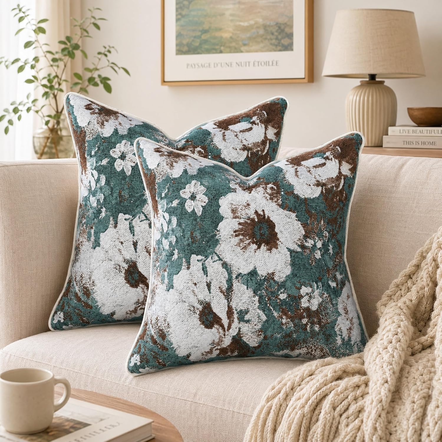 Pack of 2 Neutral Floral Pillow Covers 18x18 Inches, Vintage Woven Rose Pattern Accent Couch Pillow Cover Plush Textured Hidden Zipper Decor Throw Pillow Covers for Sofa Living Room Bedroom, Blue