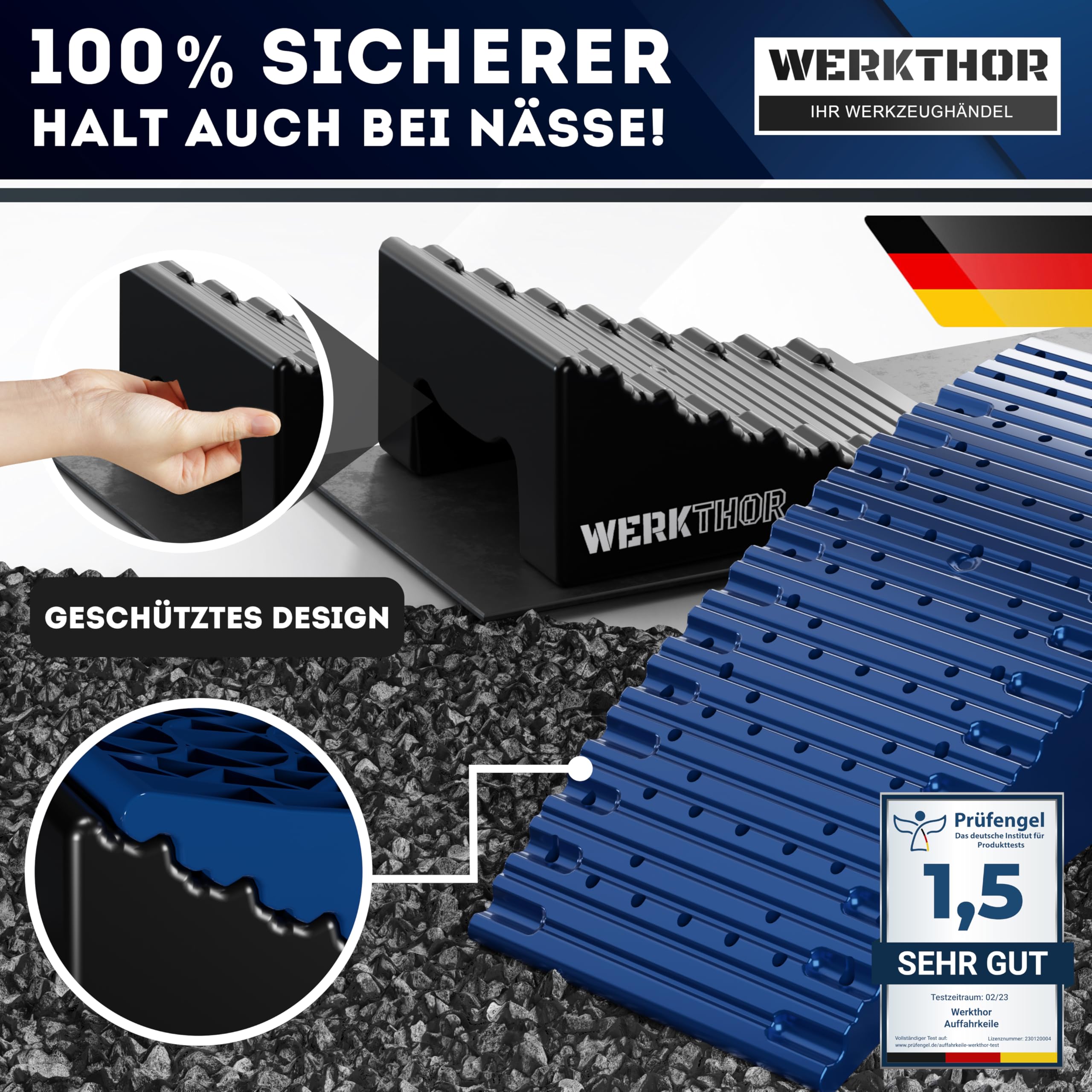WERKTHOR Auffahrkeile Wohnmobil (Blau) – [2er Set] bewährte Auffahrkeile für Wohnwagen, Camper & Anhänger [<13,5t] – Stufenfreies Nivellieren, Unterlegkeile Wohnmobil inkl. Transporttasche (XXL)