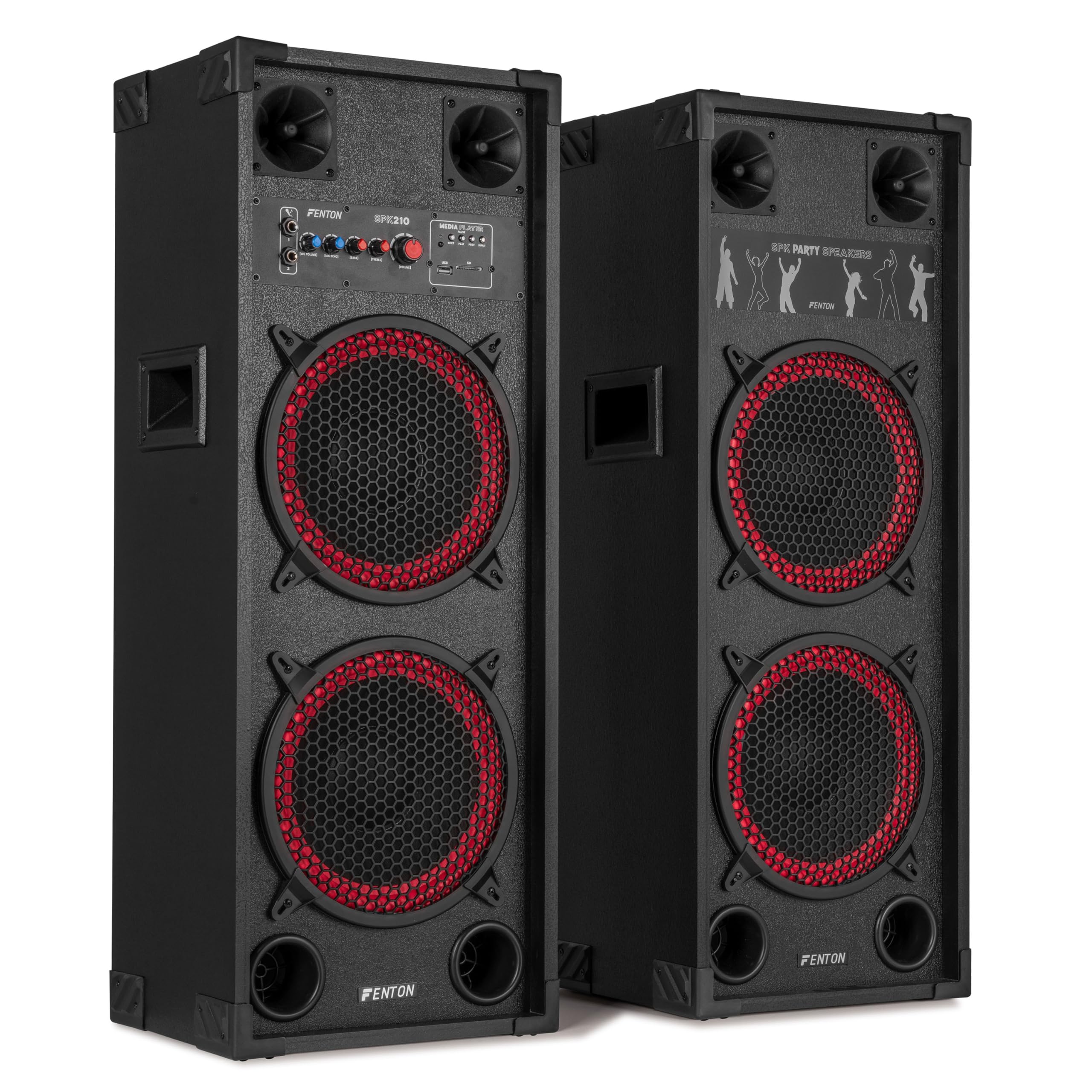 Fenton SPK-210 - Pack d’Enceintes Actives PA 1200 W (2×10″) - BT sans Fil, USB/SD, entrées micros - Système Sono idéal soirées, DJ, karaoké
