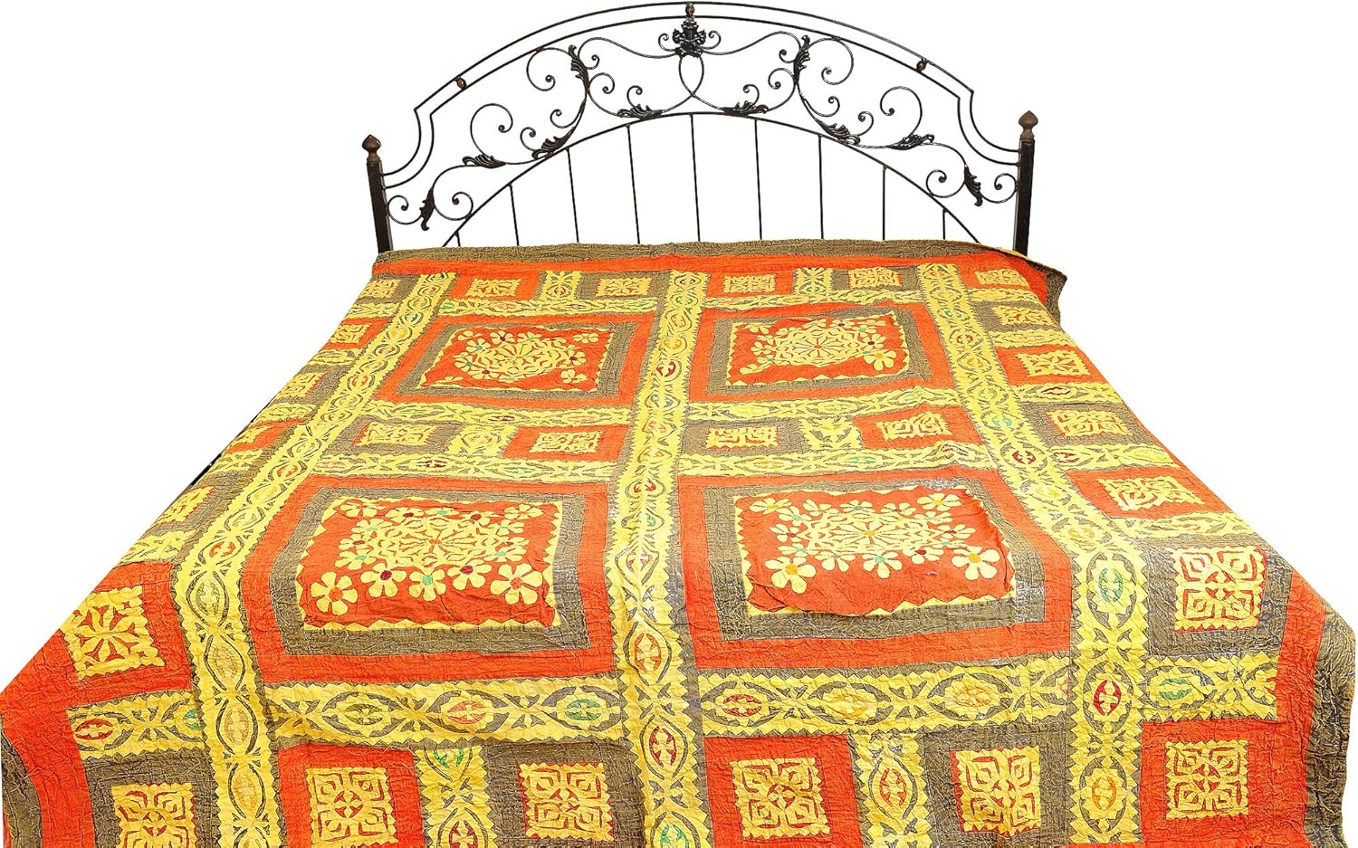 Patchwork Stone-Washed Bedspread from Gujarat with Flowers and Kantha Stitch - Pure Cotton - Color Autumn Glaze Color