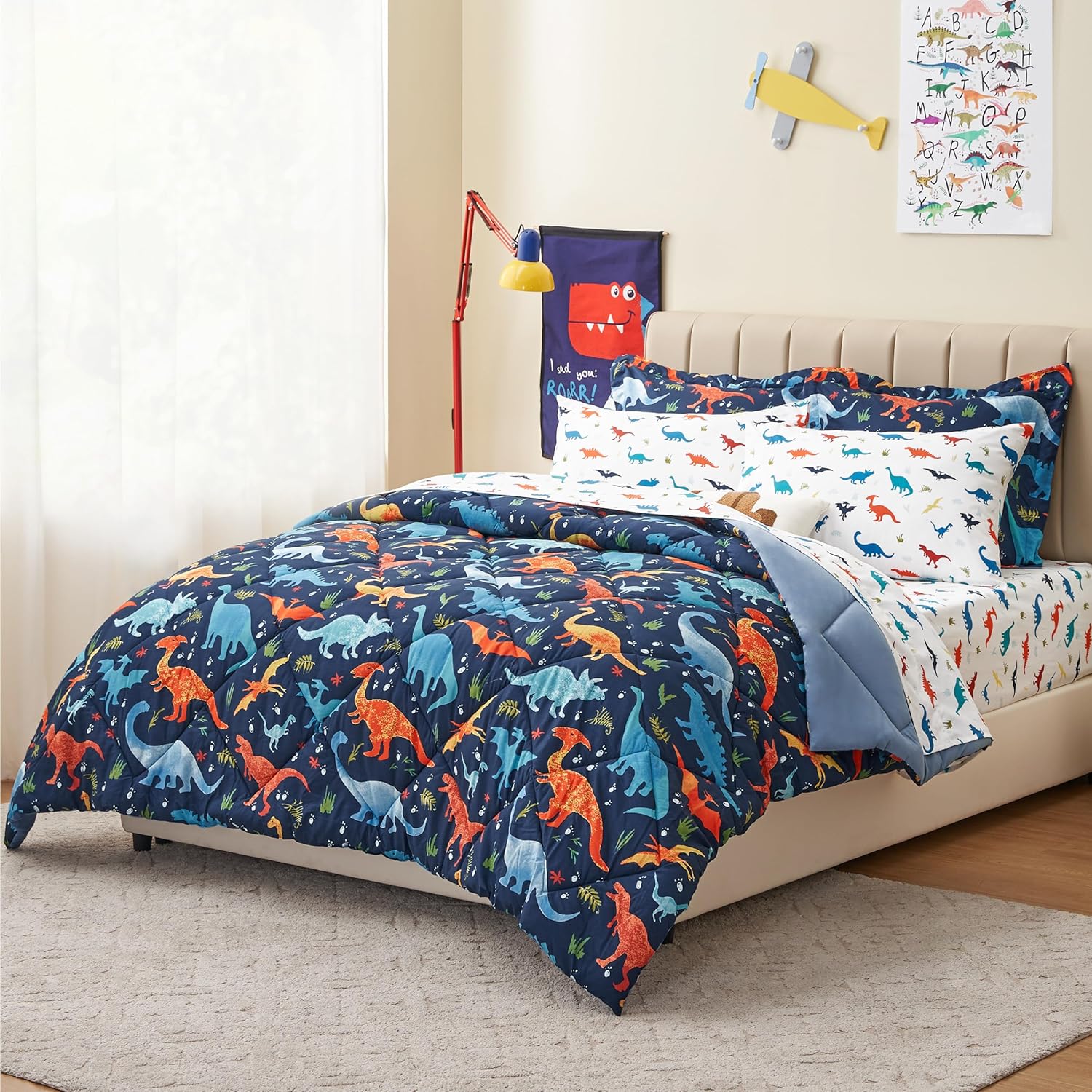 PPOLCA Queen Size Dinosaur Kids Bedding Set for Boys, 7 Pieces Super Soft Lightweight Microfiber Comforter Set with Sheets, Bed in a Bag, Children Bed Set