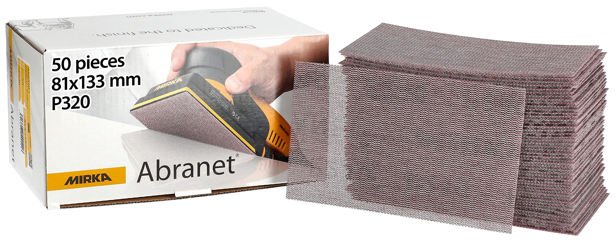 Mirka Abranet net sandpaper strips 81x133 mm Hook & loop/Grit P320 / 50 pcs/for sanding wood, walls, metal, aluminium, stainless steel, filler, varnish, plastic / 5417805032