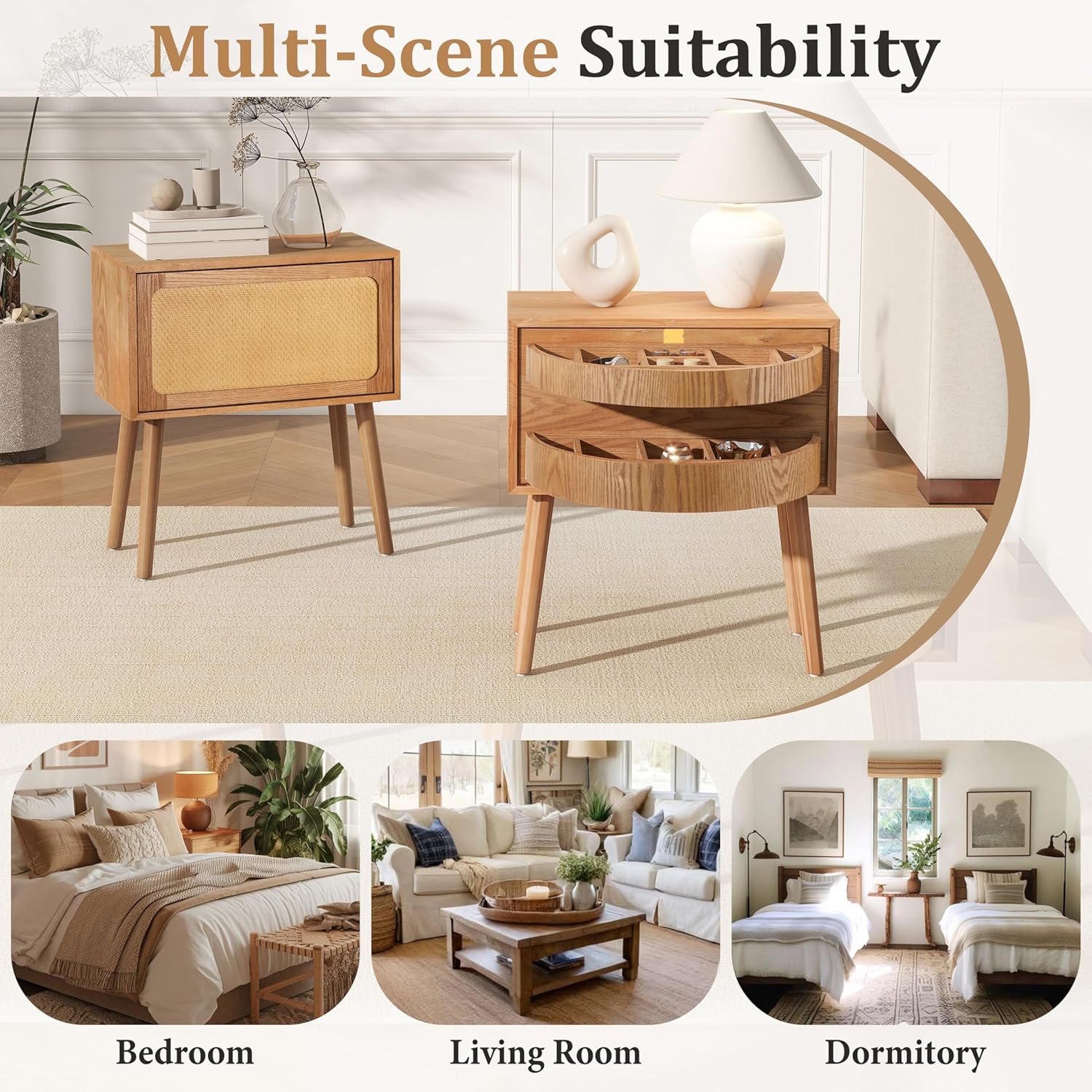 Merax Hidden Compartment Nightstands, Rattan Bed Side Table with Rotate Drawer, Compartment End Table with Wood Legs for Bedroom, Living Room, Dorm and Sofa