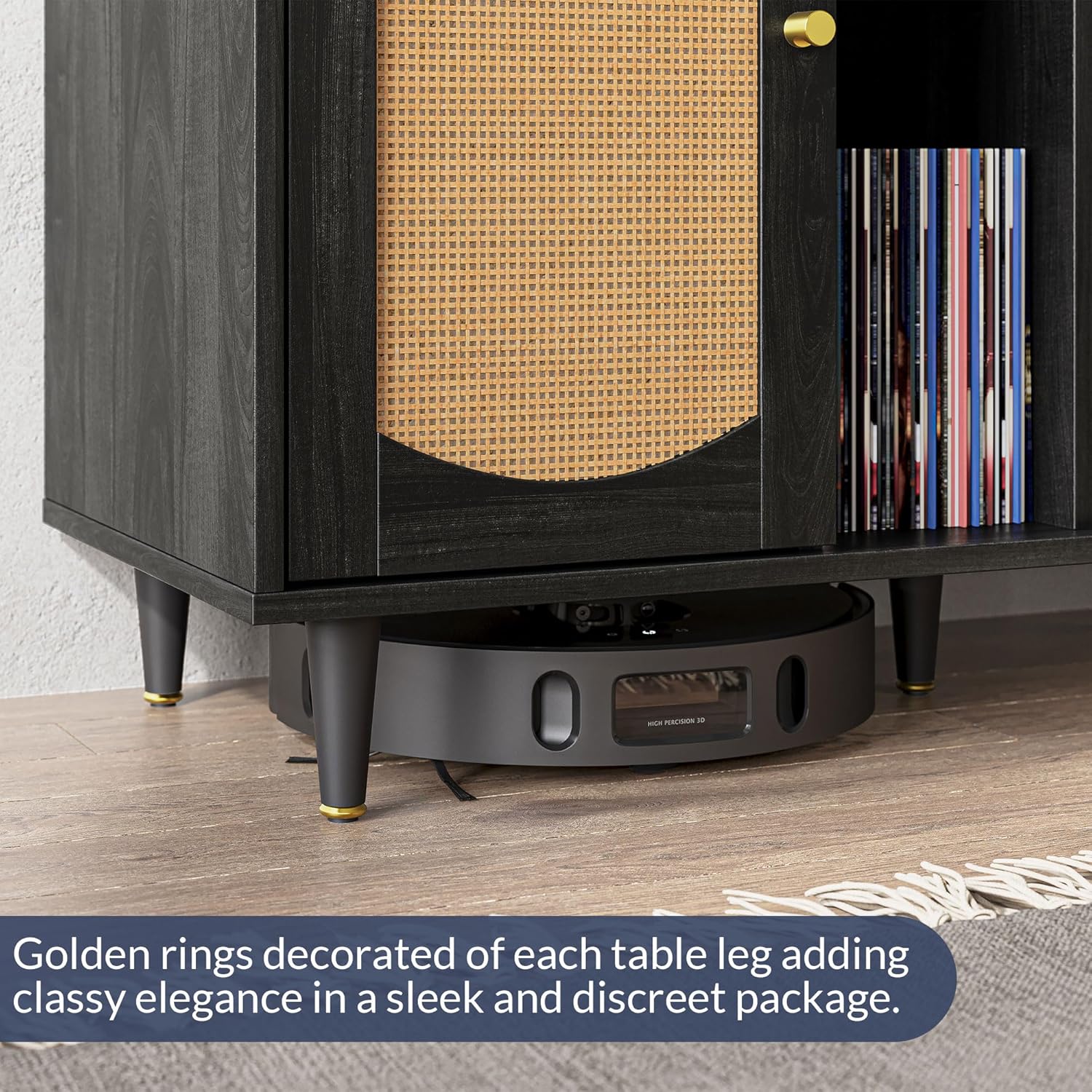 BELLEZE Mid-Century Record Player Stand, Vinyl Record Storage Cabinet Holds up to 350+ Albums, Rattern Decorated Turntable Stand with Power Outlet for Living Room, Office - Brown