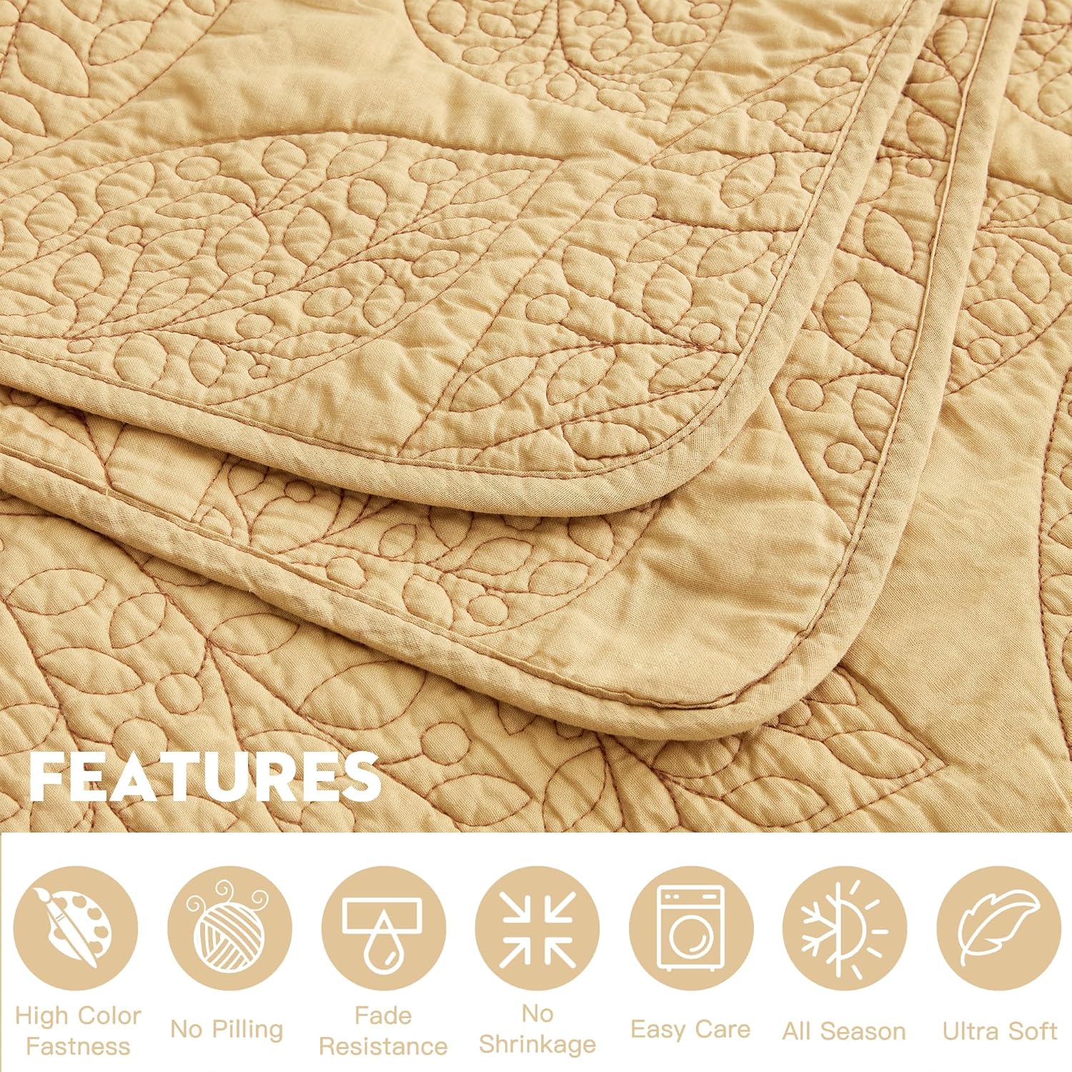 CHIXIN Botanical Cotton Quilt California King Size - Real Stitching Leaf Pattern - Quilted Bedspread Coverlet Set, Ultra Soft, Lightweight, Reversible, 3 Piece, Honey Gold