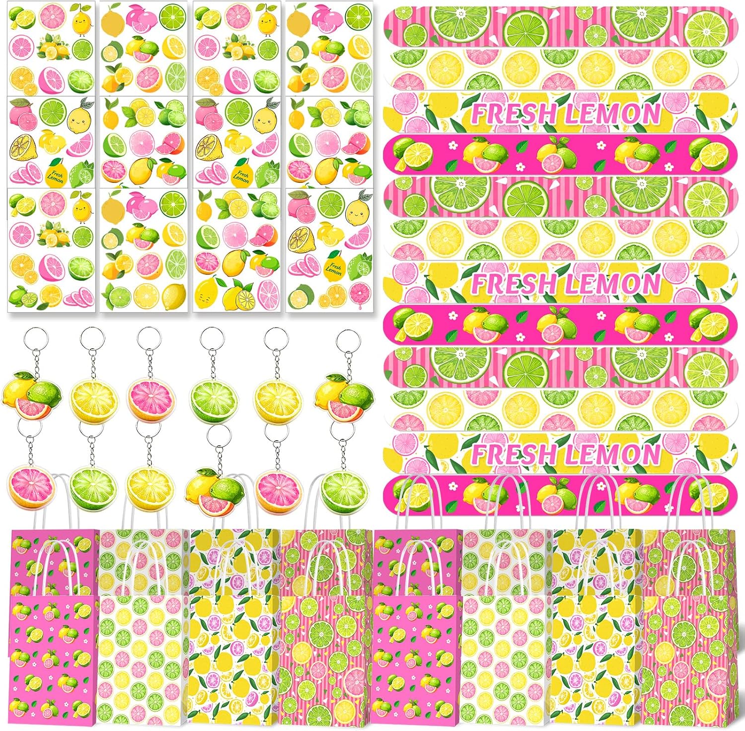48 Pcs Pink Lemon Party Favors Set Includes Keychains, Slap Bracelets, Paper Gift Candy Bags, and Sheets Temporary Tattoos Lemon Theme Birthday Supplies Lemonade Decorations