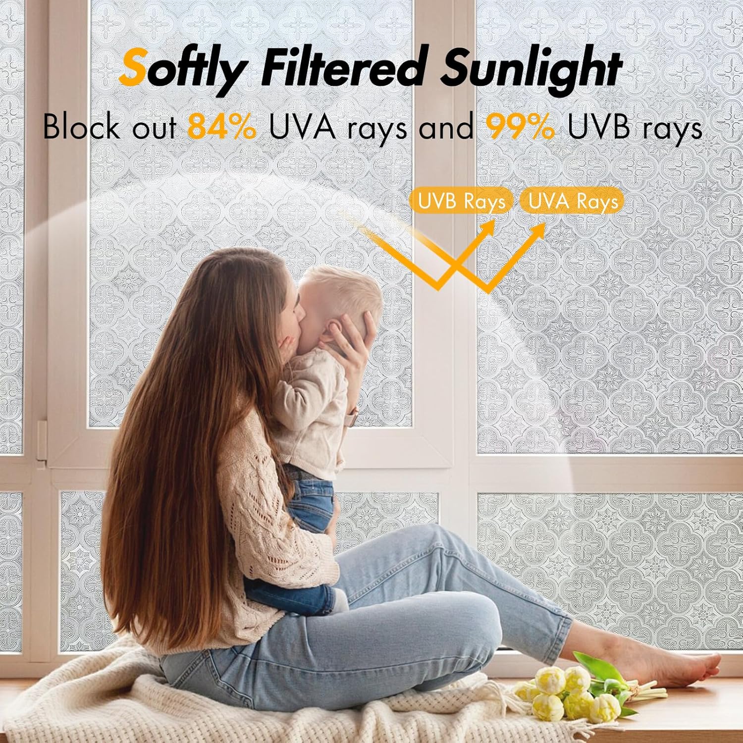 Window Privacy Film, Stained Glass Window Film UV Sun Blocking, Non Adhesive Frosted Static Cling Decorative, Removable and Reusable Window Tint for Home (35.4'' x 78.7'')